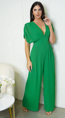 Selene V Neck Pleated Jumpsuit Green