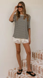 Josie Crew Neck Tee Black White Stripe