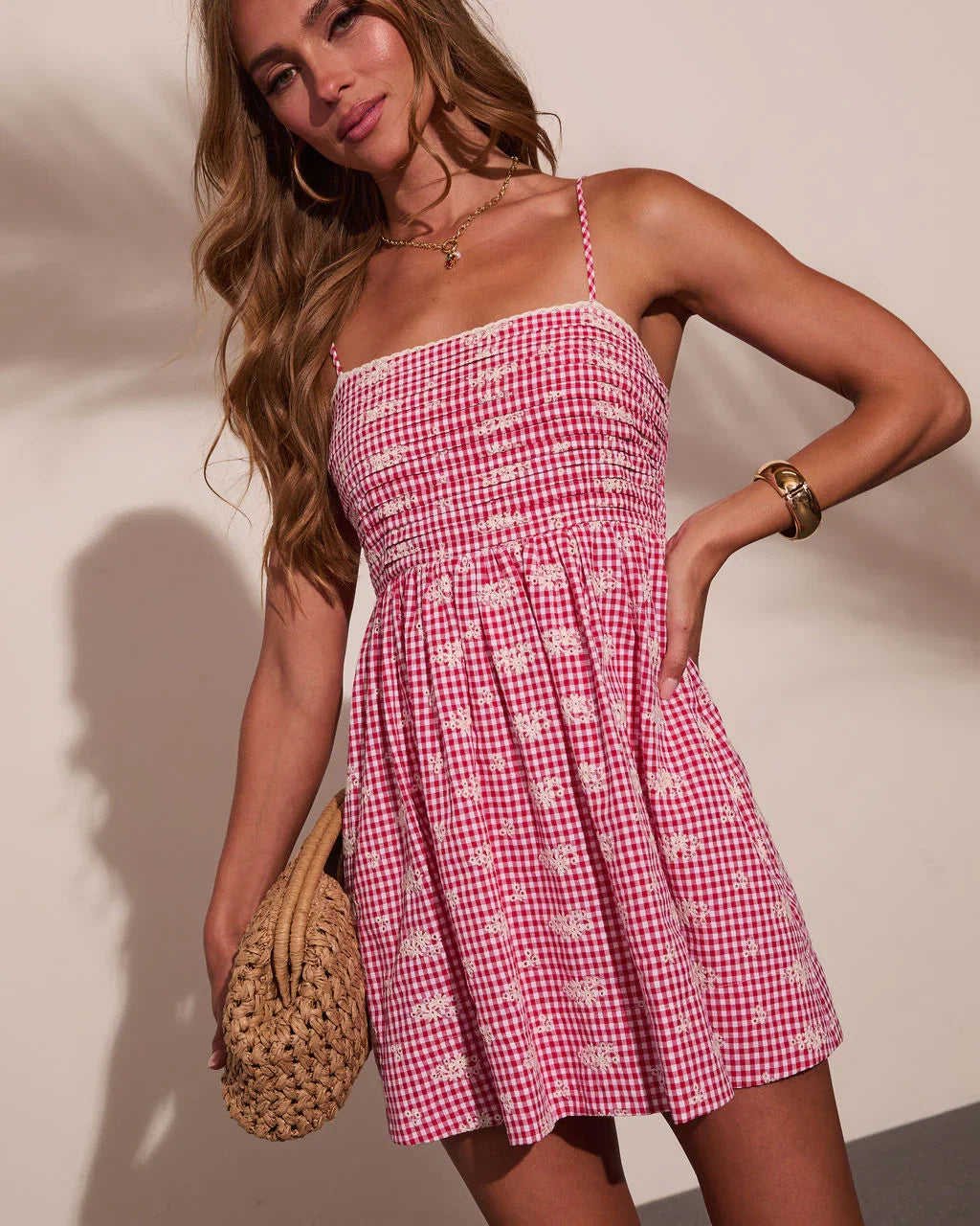 Coastal Air Eyelet Gingham Print Mini Dress
