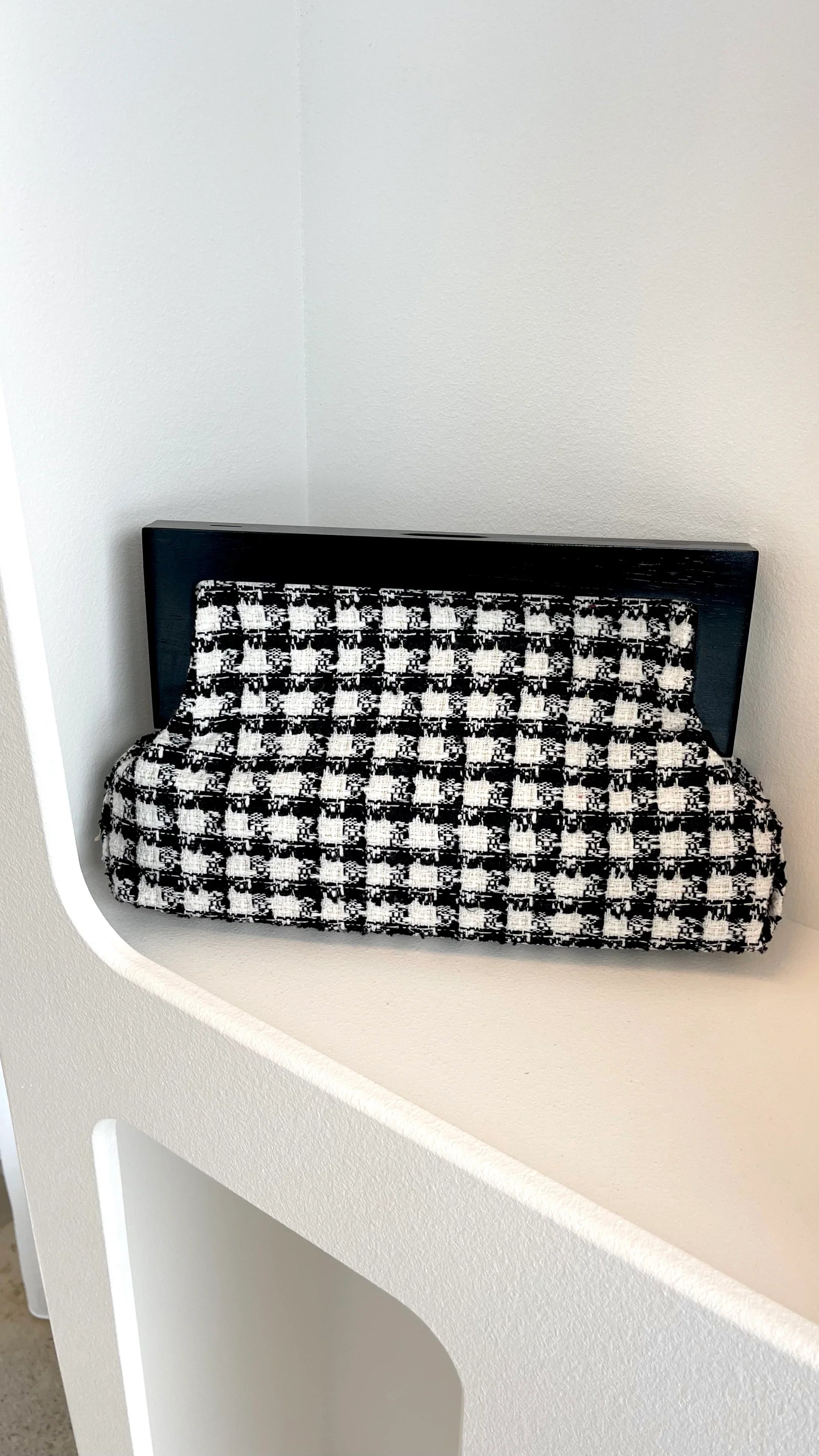Zoey Boucle Timber Frame Clutch Black White