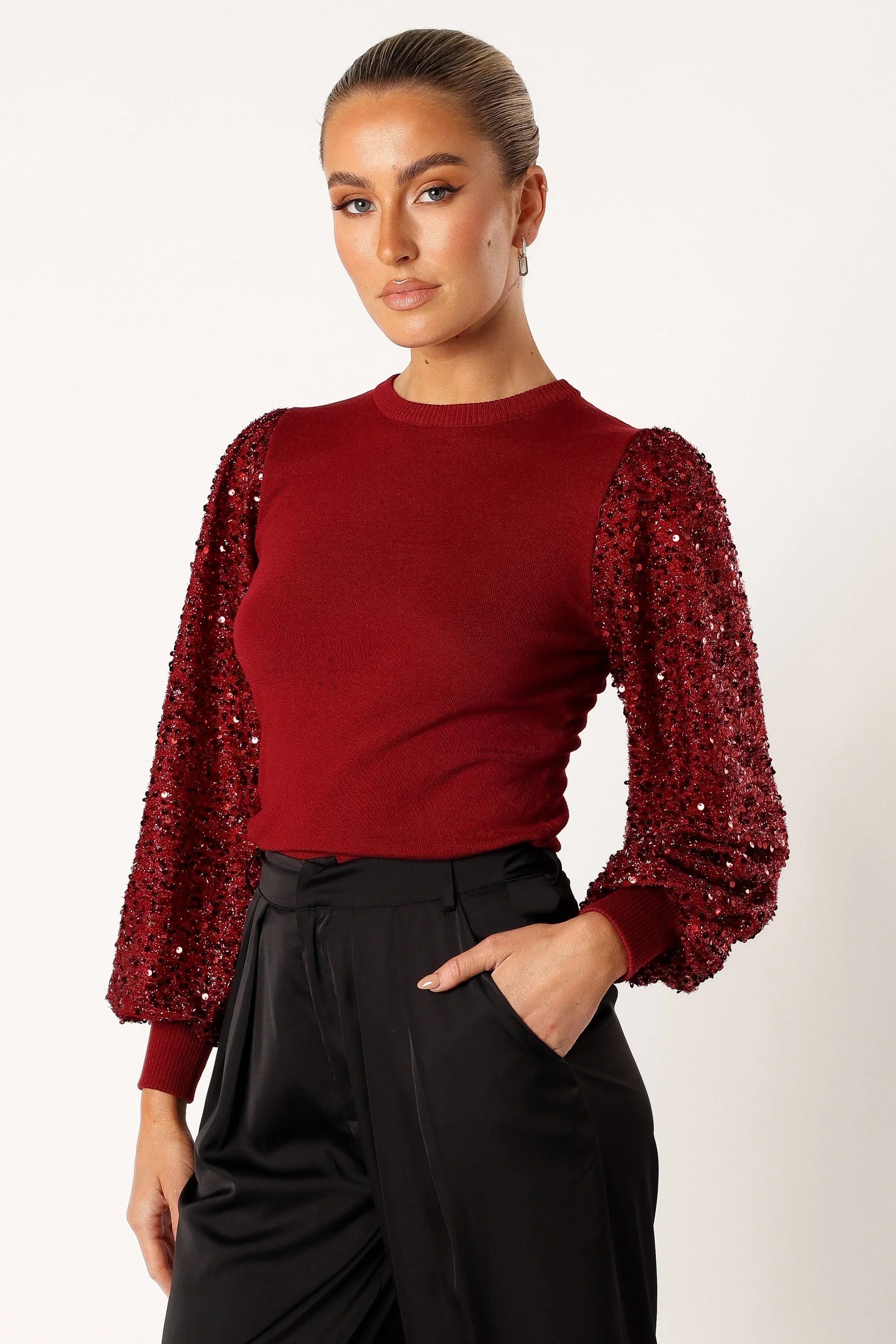 Rowan Sequin Sleeve Top Burgundy