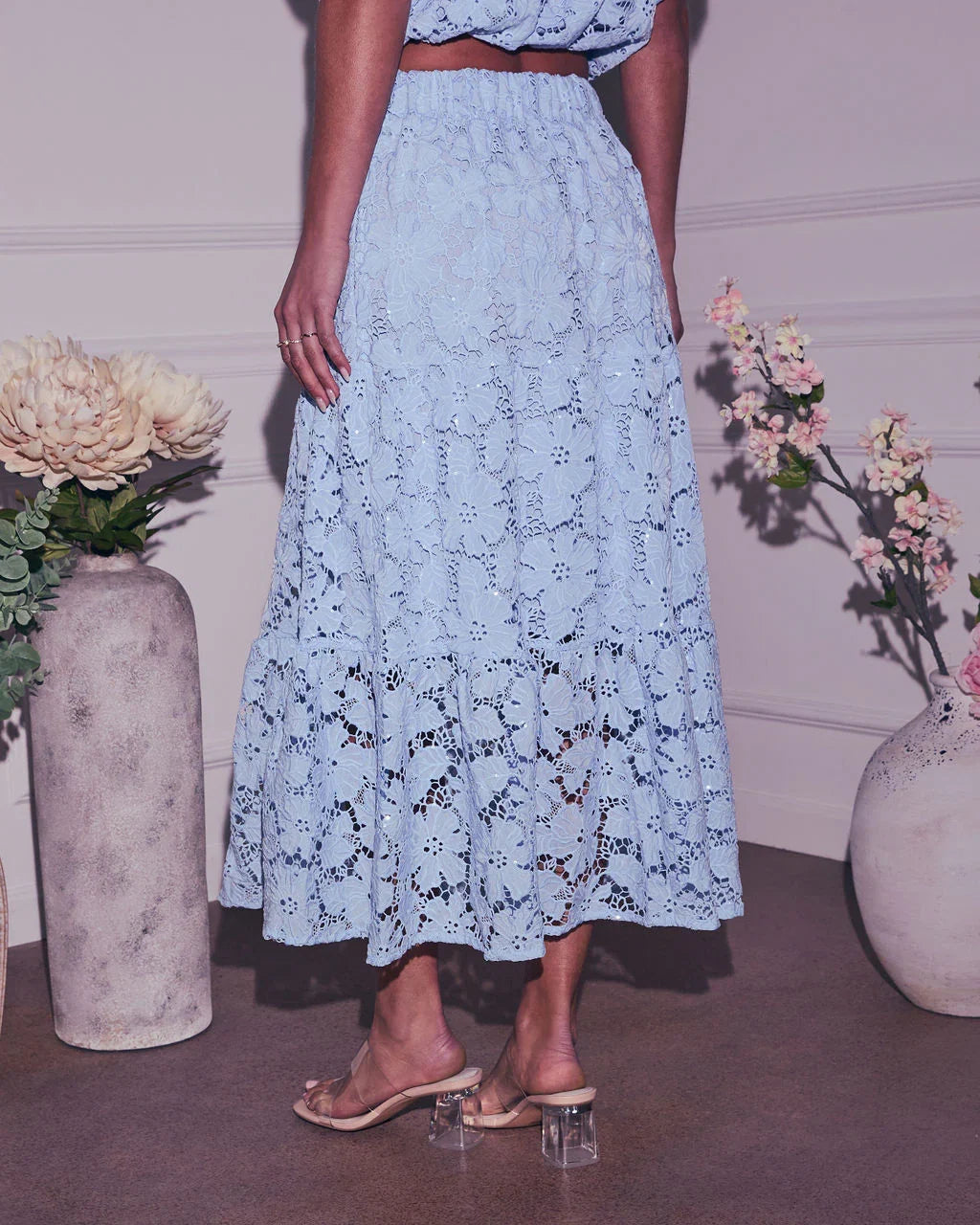 Morning Dew Floral Lace Midi Skirt