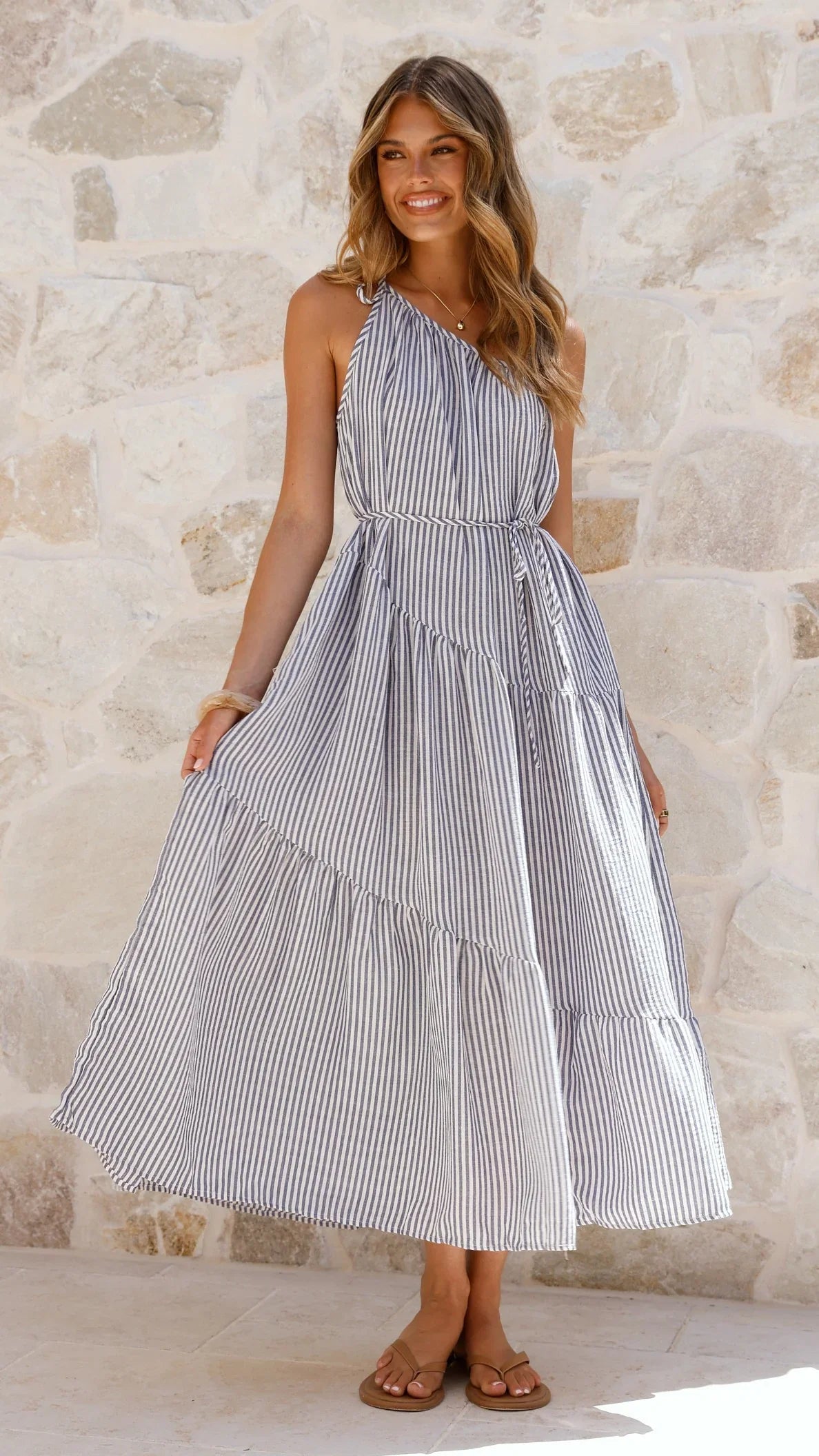 Wendy One Shoulder Maxi Dress Blue White Stripe