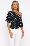 Marrakech Moments Cinched Waist Top Black White Polka Dot