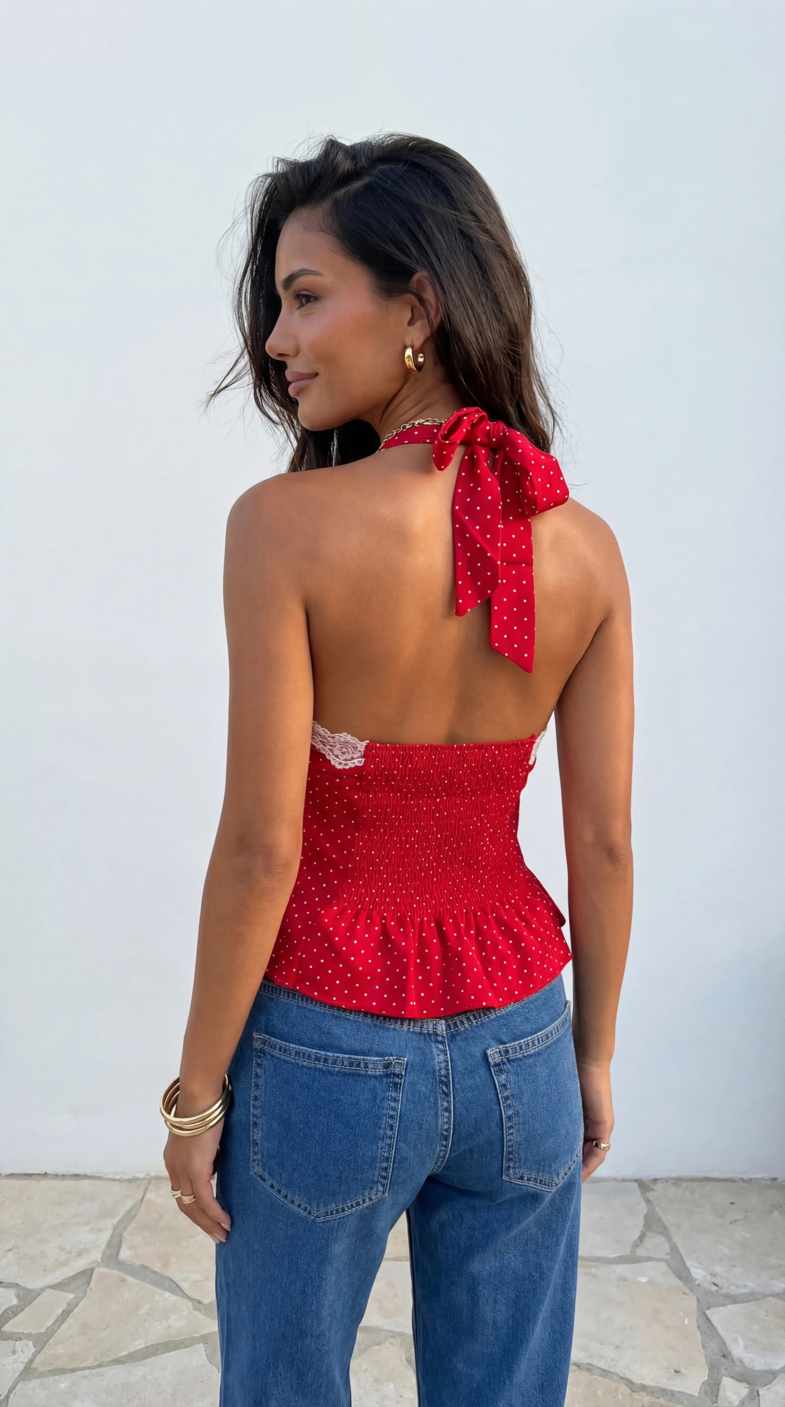 Valette Polka Dot Lace Halter Top Red