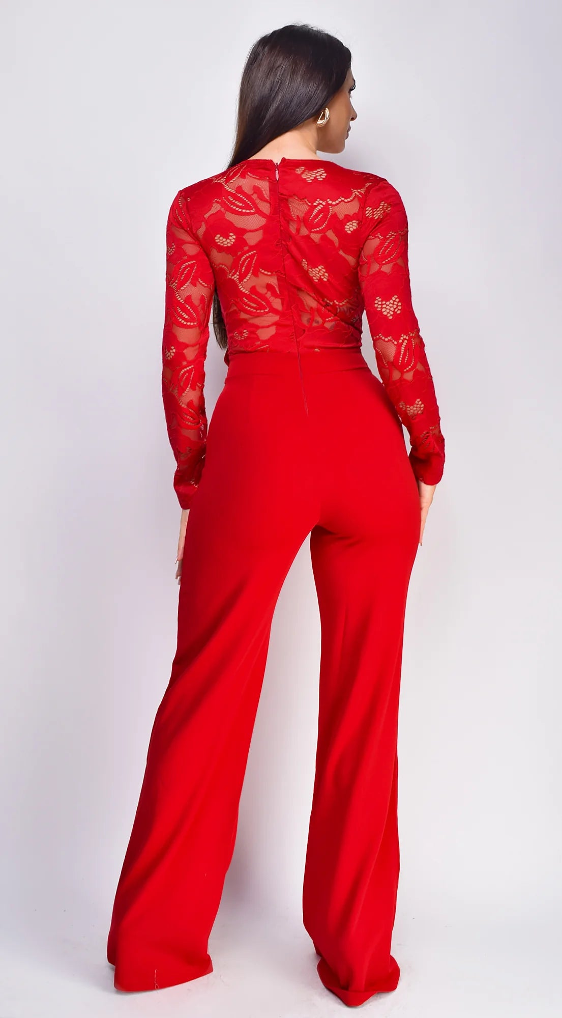 Milani Long Sleeve Lace Crochet Jumpsuit Red