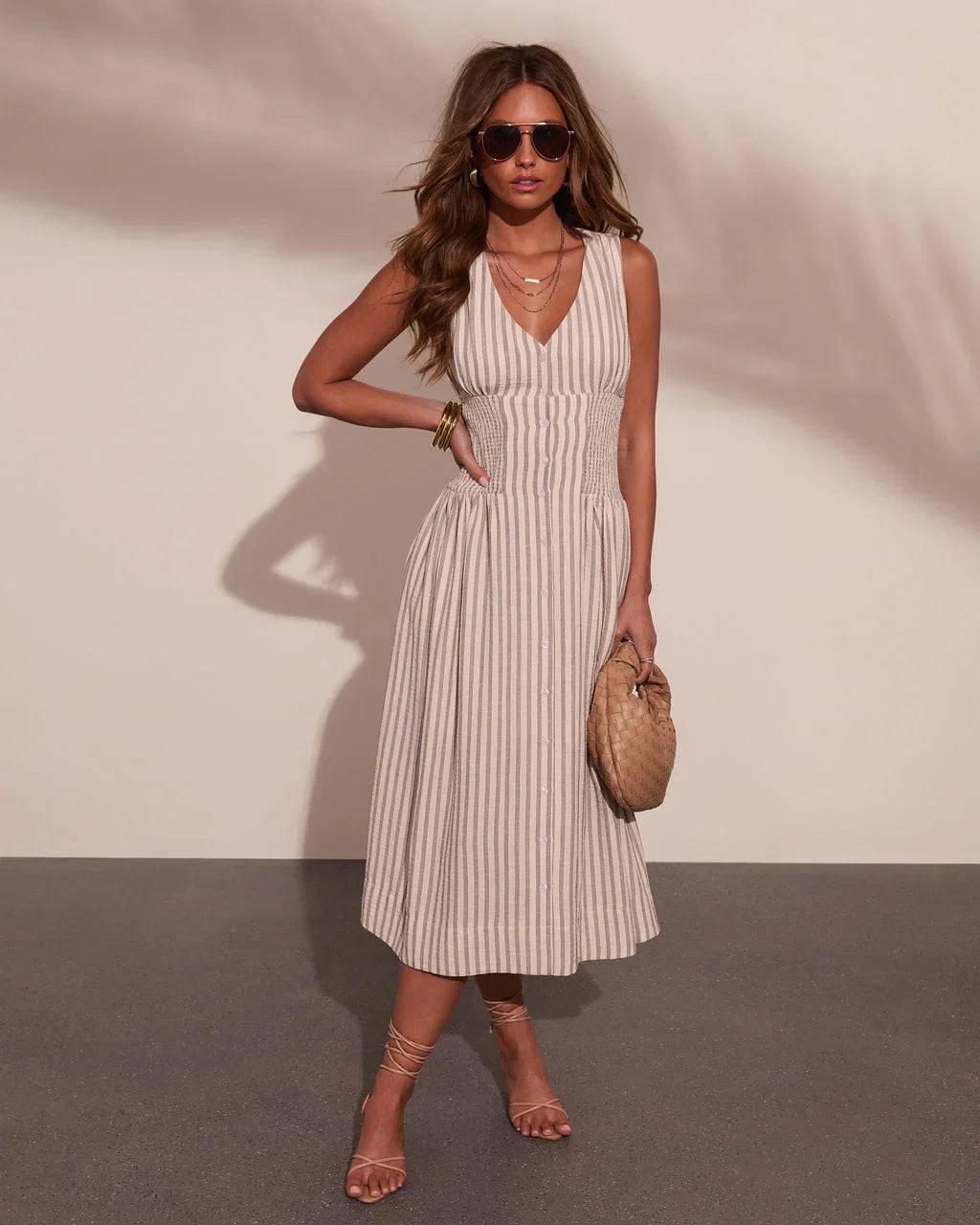 Alorah Striped Fit and Flare Midi Dress