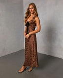 Sepia Kiss Satin Jacquard Bust Tie Maxi Dress