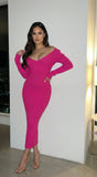 Lio Off Shoulder Ribbed Midi Dress Pink