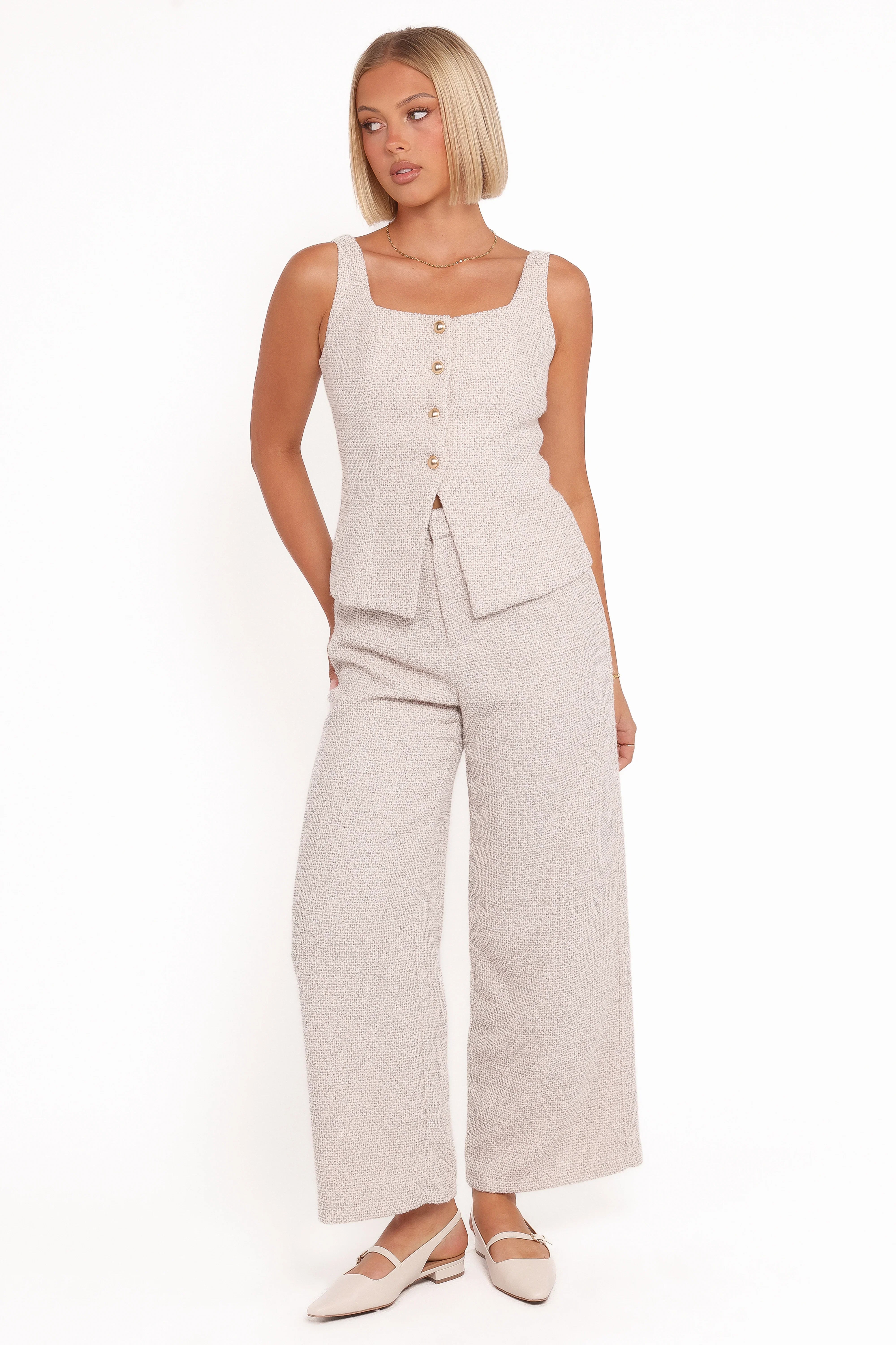 Greta Tailored Pant Set White Brown Marl