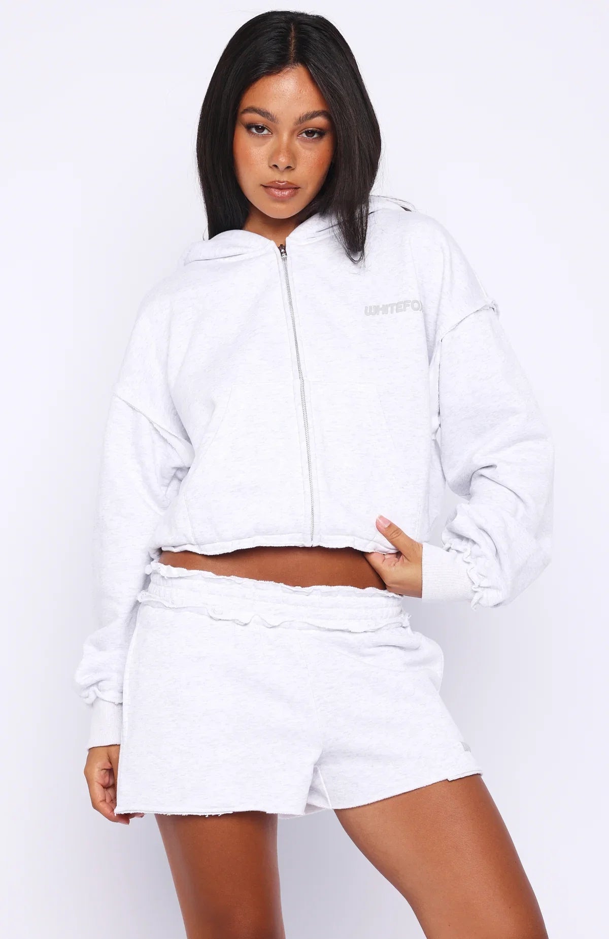 On My Own Terms Boxy Zip Front Hoodie Grey Marle