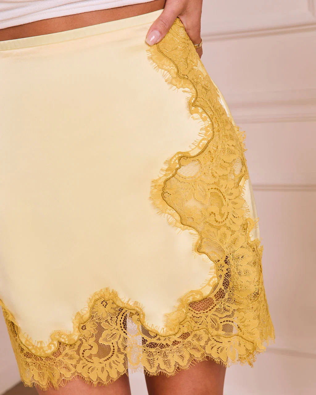 Sincerely Mine Satin Lace Trim Mini Skirt