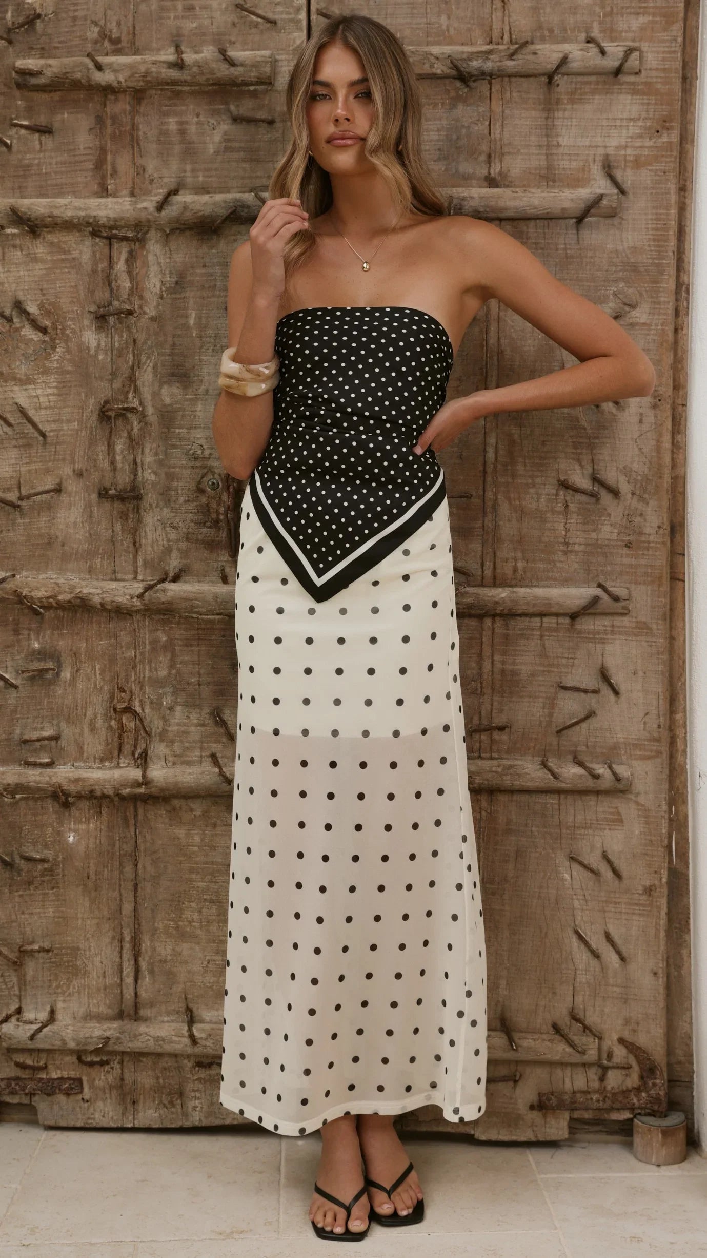 Onella Semi Sheer Maxi Skirt Cream Black Polka Dot
