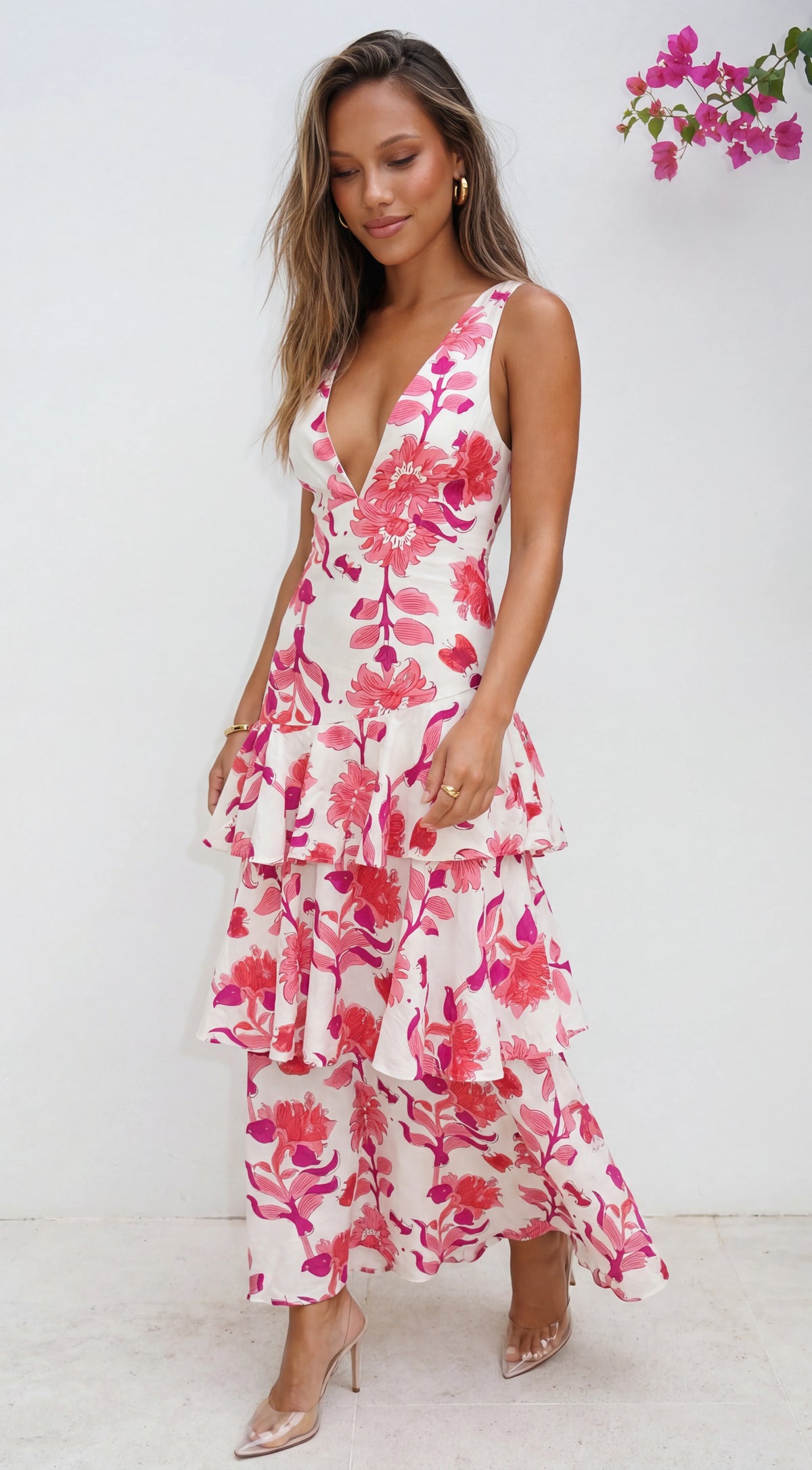 Azélie Floral Tiered Maxi Dress Pink Multi