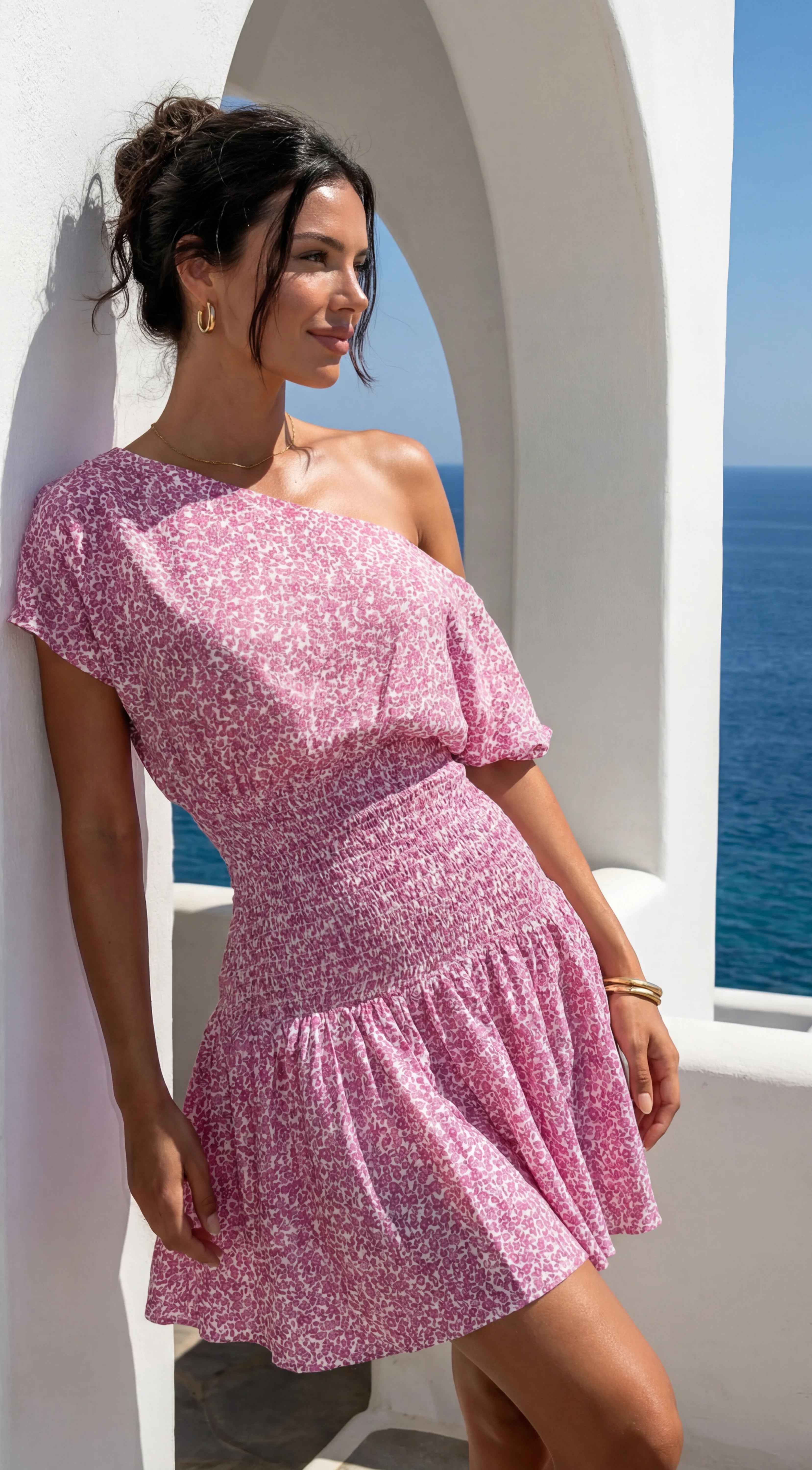 Posevia Ditsy Floral Off Shoulder Mini Dress Pink