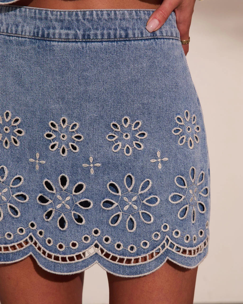 Kimberlin Denim Floral Eyelet Mini Skort
