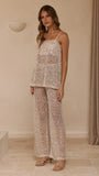 Zarina Sequin Long Line Top and Pants Set Beige