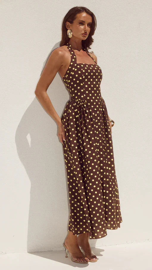 Sammi Halter Midi Dress Choc Lemon Polka