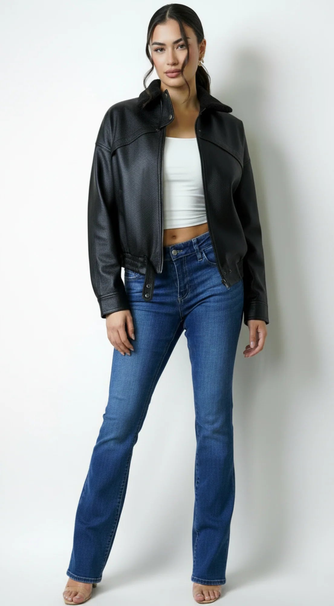 Rhéa Shearling Collar PU Leather Jacket Black