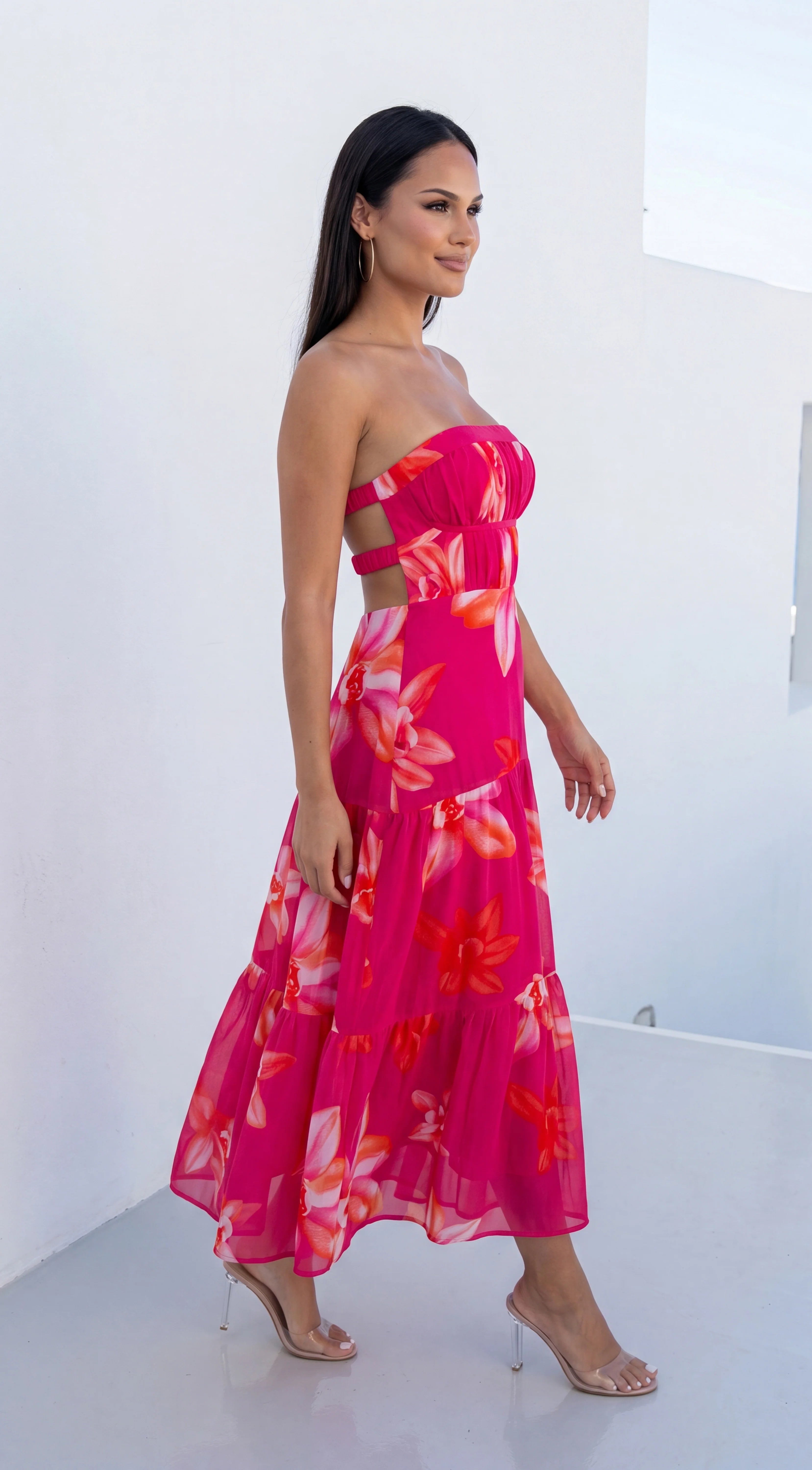 Paradiso Floral Print Midi Dress Pink