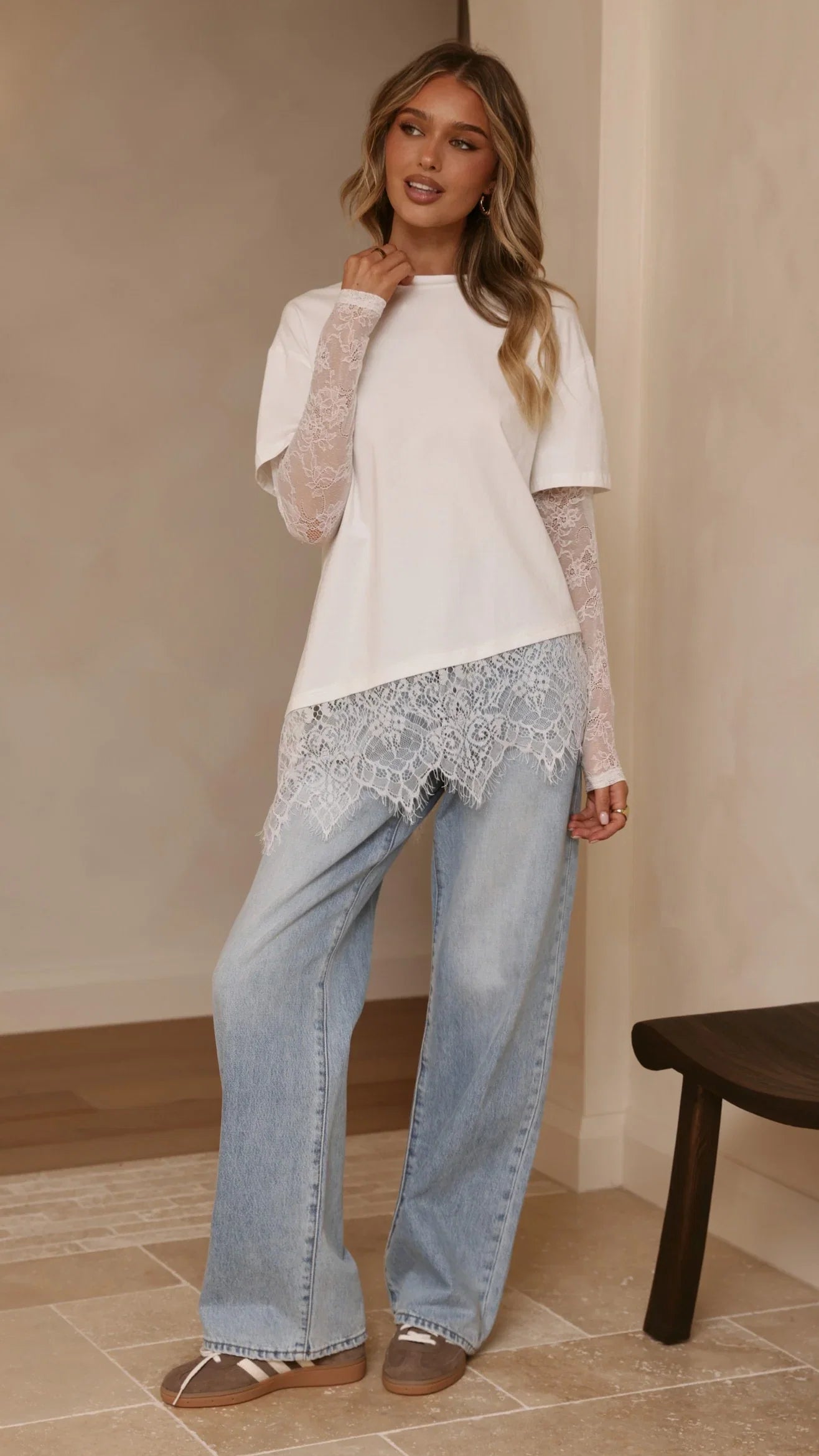 Quinn Lace Long Sleeve Top White