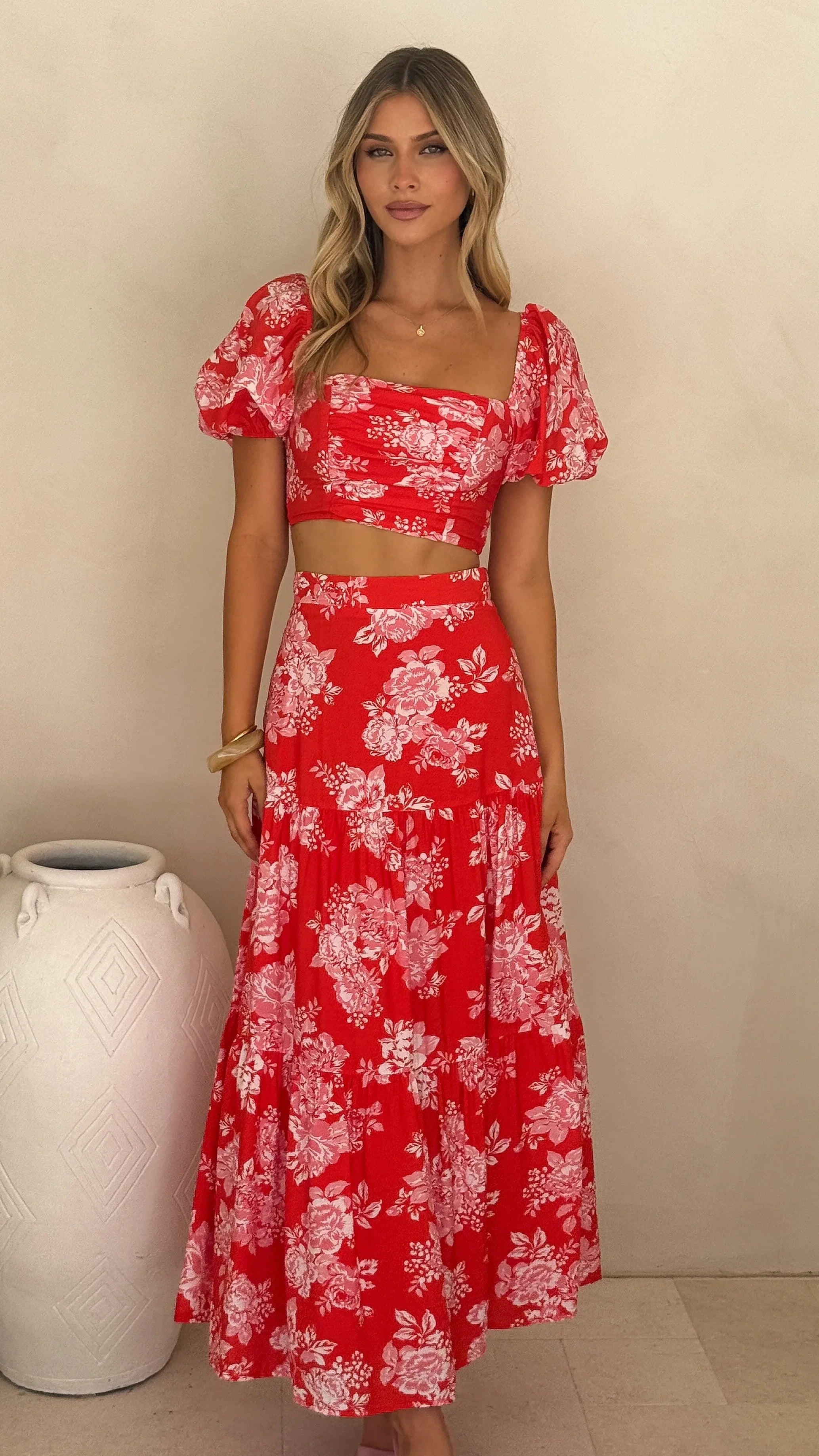 Calla Top and Maxi Skirt Set Red Floral