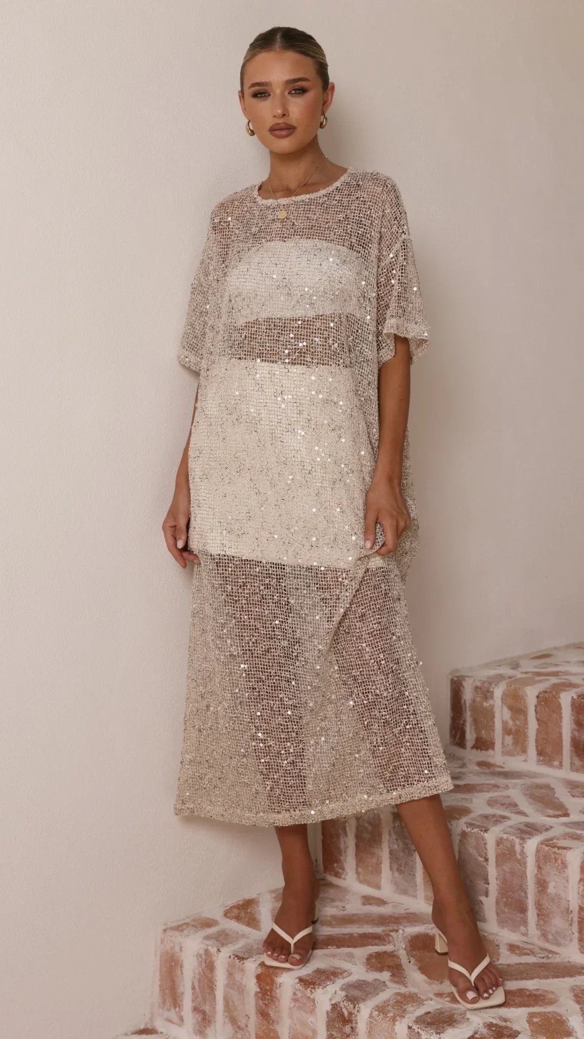 Zinnia Sequins Maxi Dress Beige