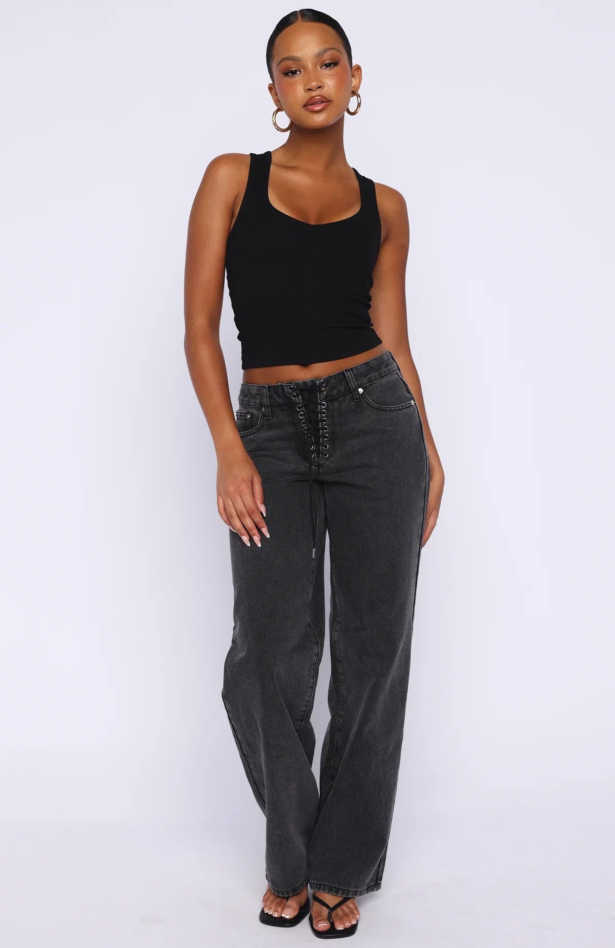 Making Appearances Mid Rise Lace Up Straight Leg Jeans Black Acid Wash