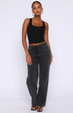 Making Appearances Mid Rise Lace Up Straight Leg Jeans Black Acid Wash