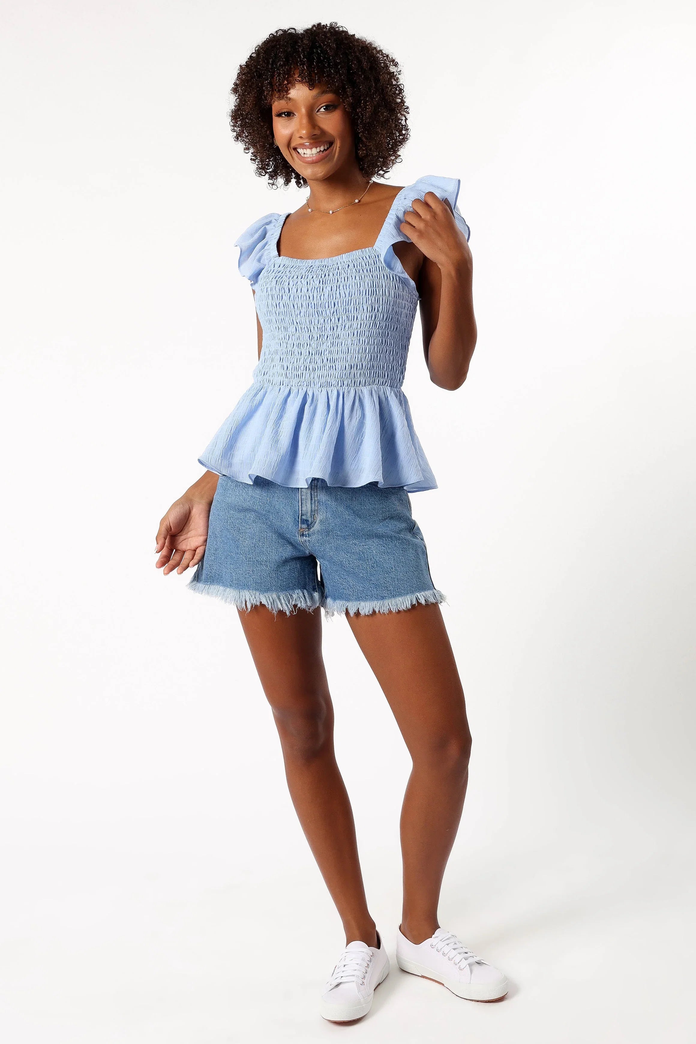 Gabie Ruffle Sleeve Top Blue