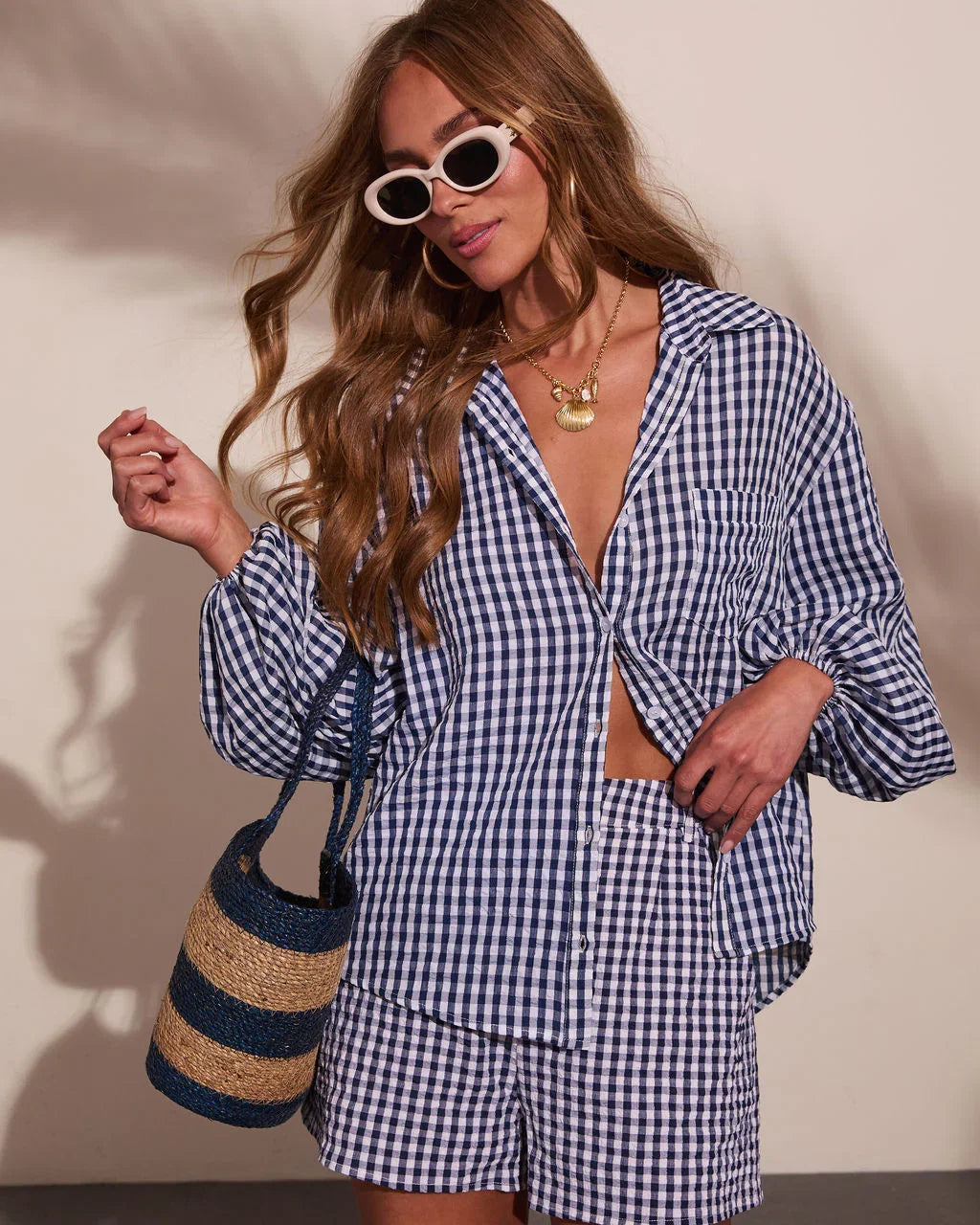 Sun Weathered Gingham Print Button Down Top