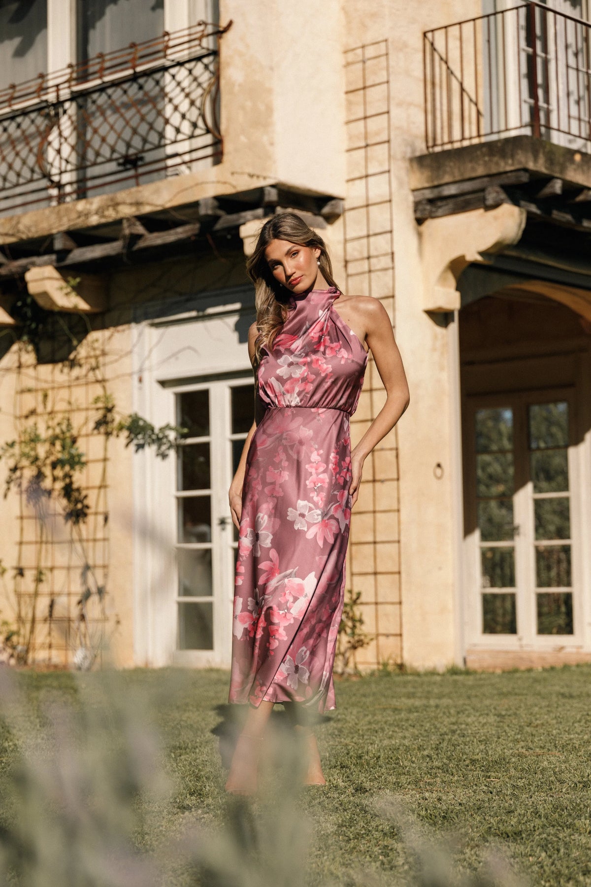 Anabelle Halter Neck Midi Dress Dark Rose Floral