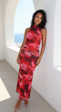 Sweet Escape Floral Print High Neck Maxi Dress Red Multi
