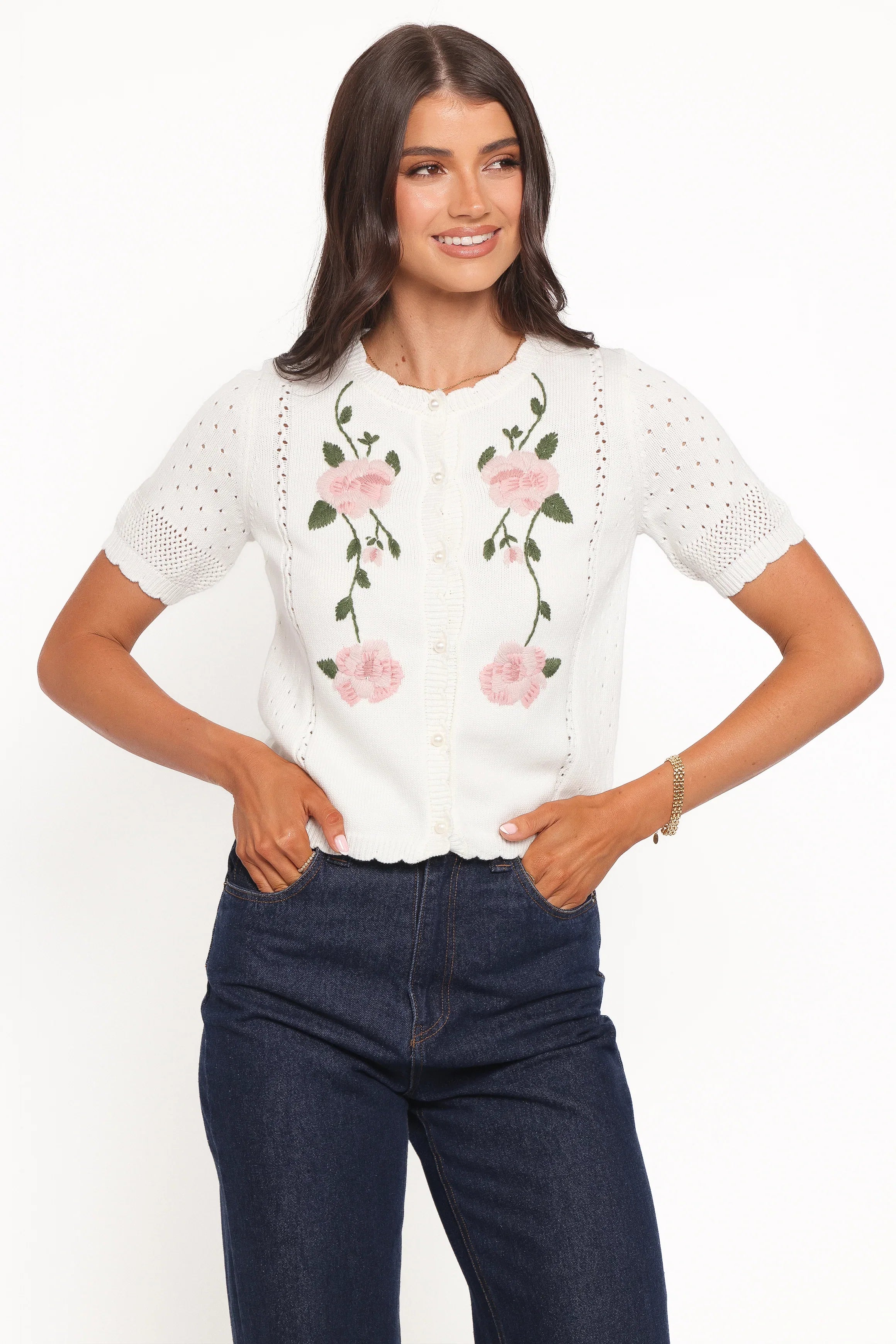Rossi Floral Button Up Cardigan White Pink
