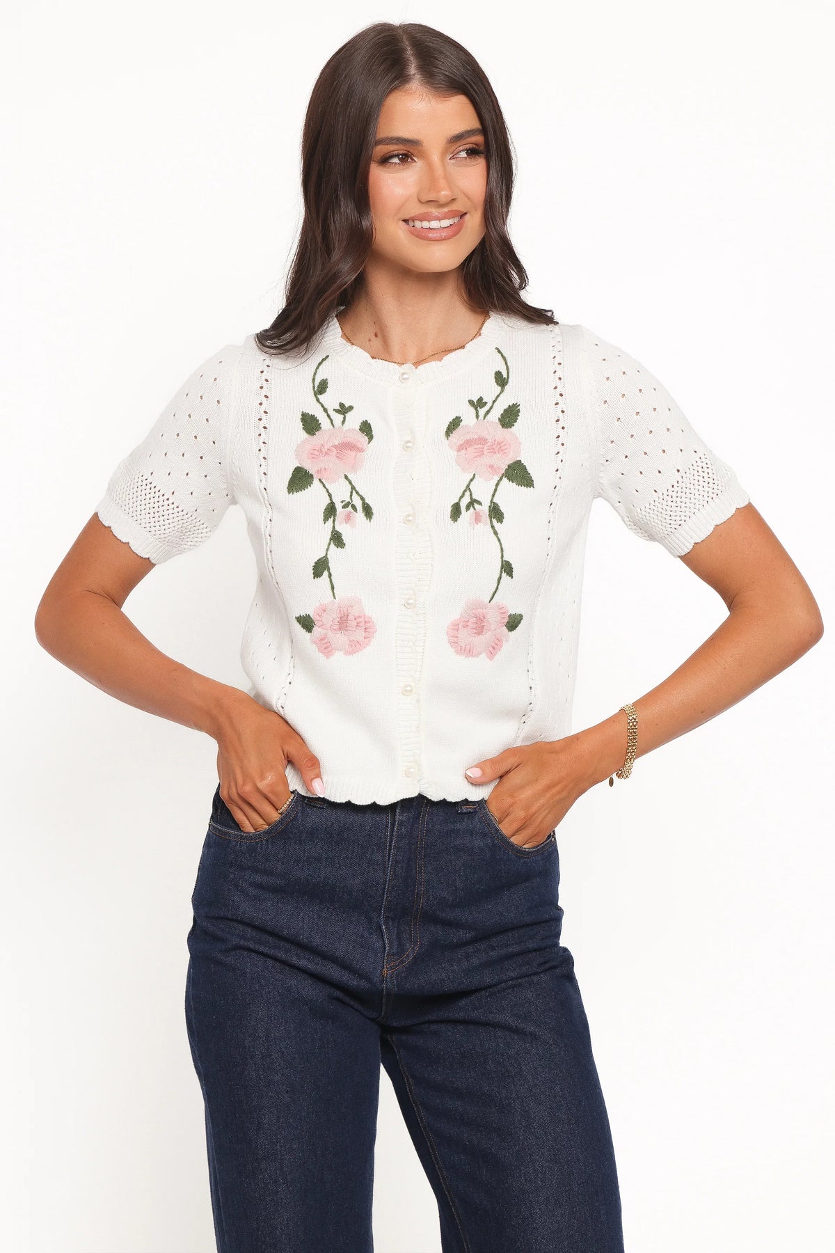 Rossi Floral Button Up Cardigan White Pink