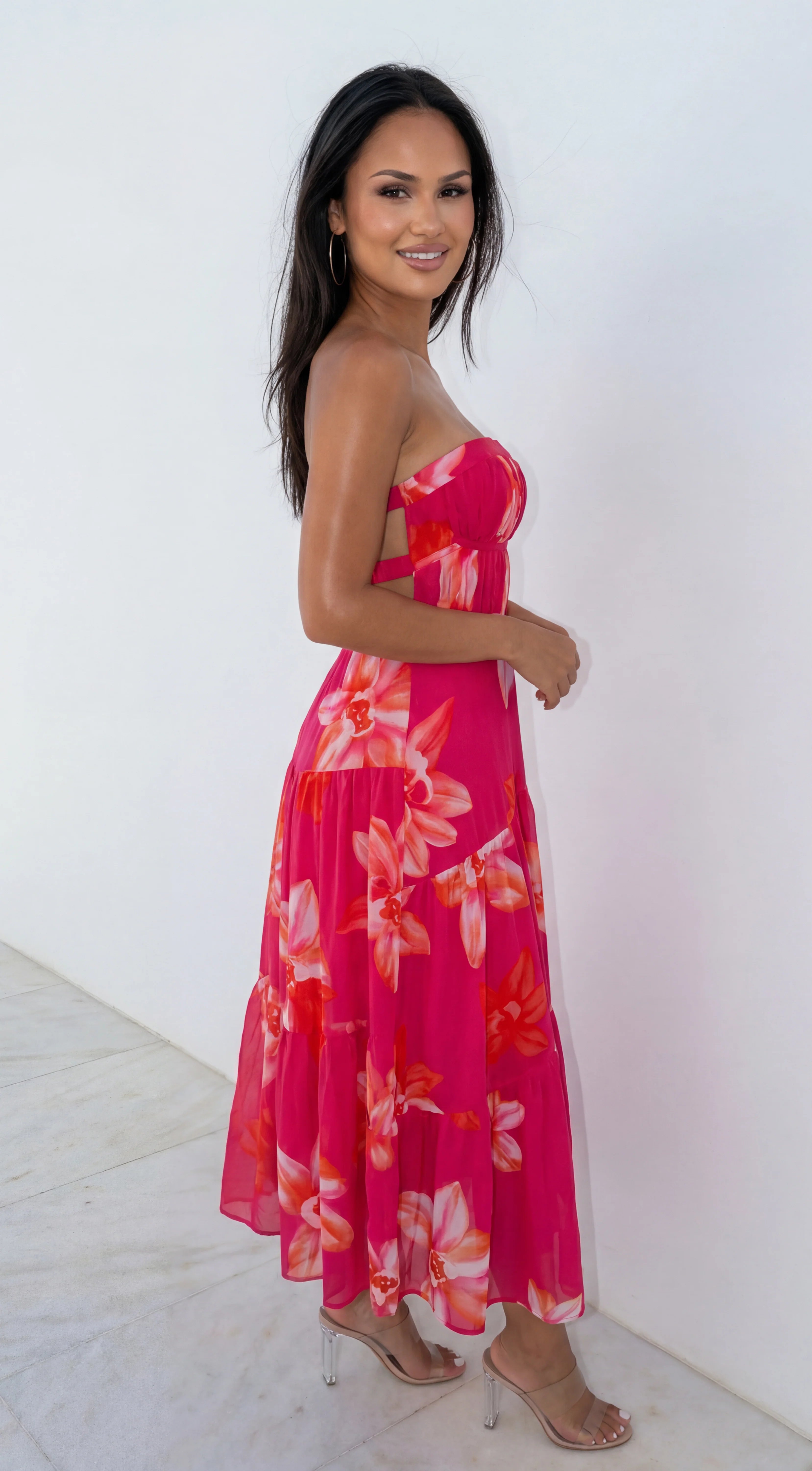 Paradiso Floral Print Midi Dress Pink