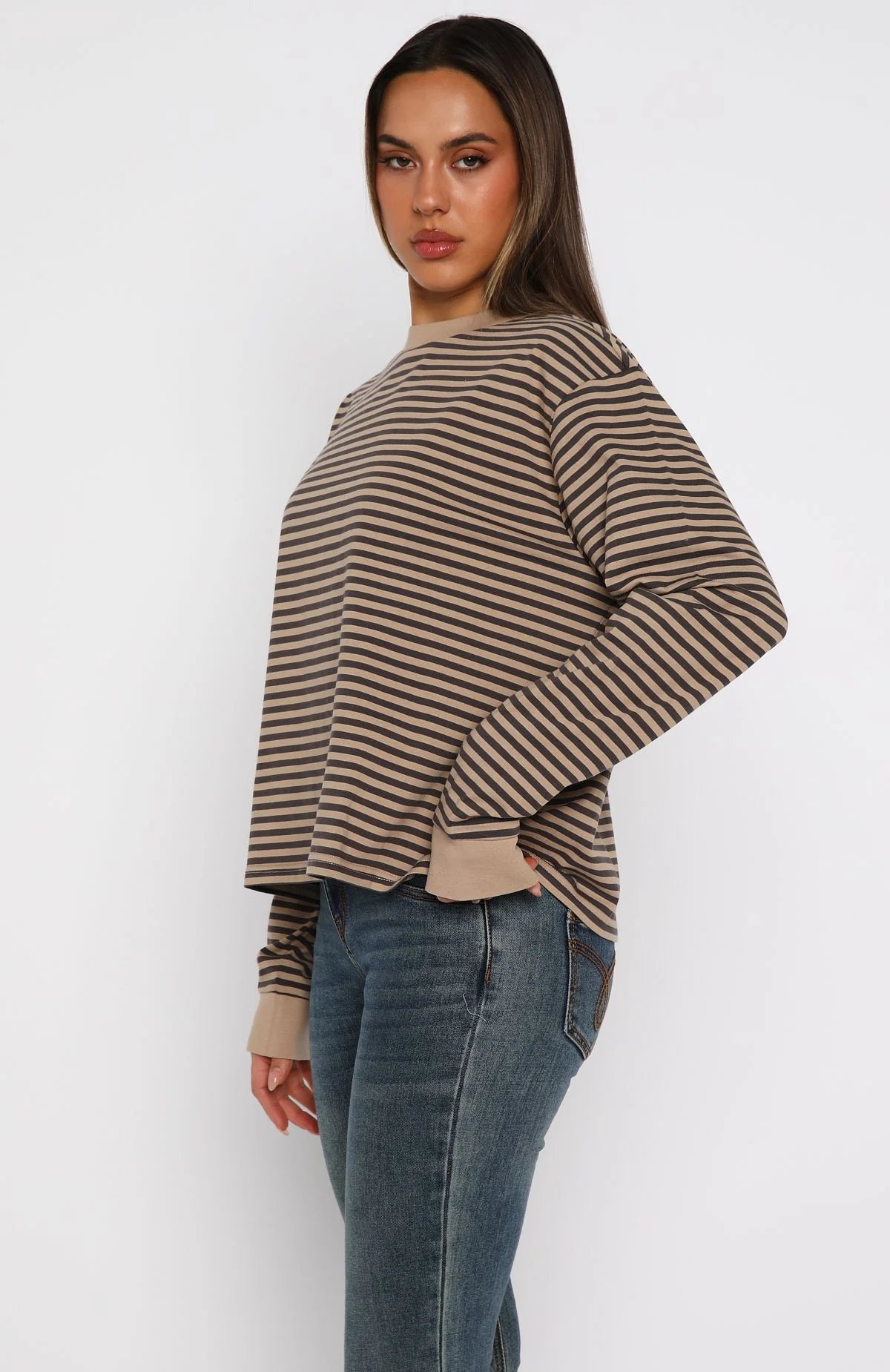 Catch The Drift Long Sleeve Tee Chocolate Tan Stripe