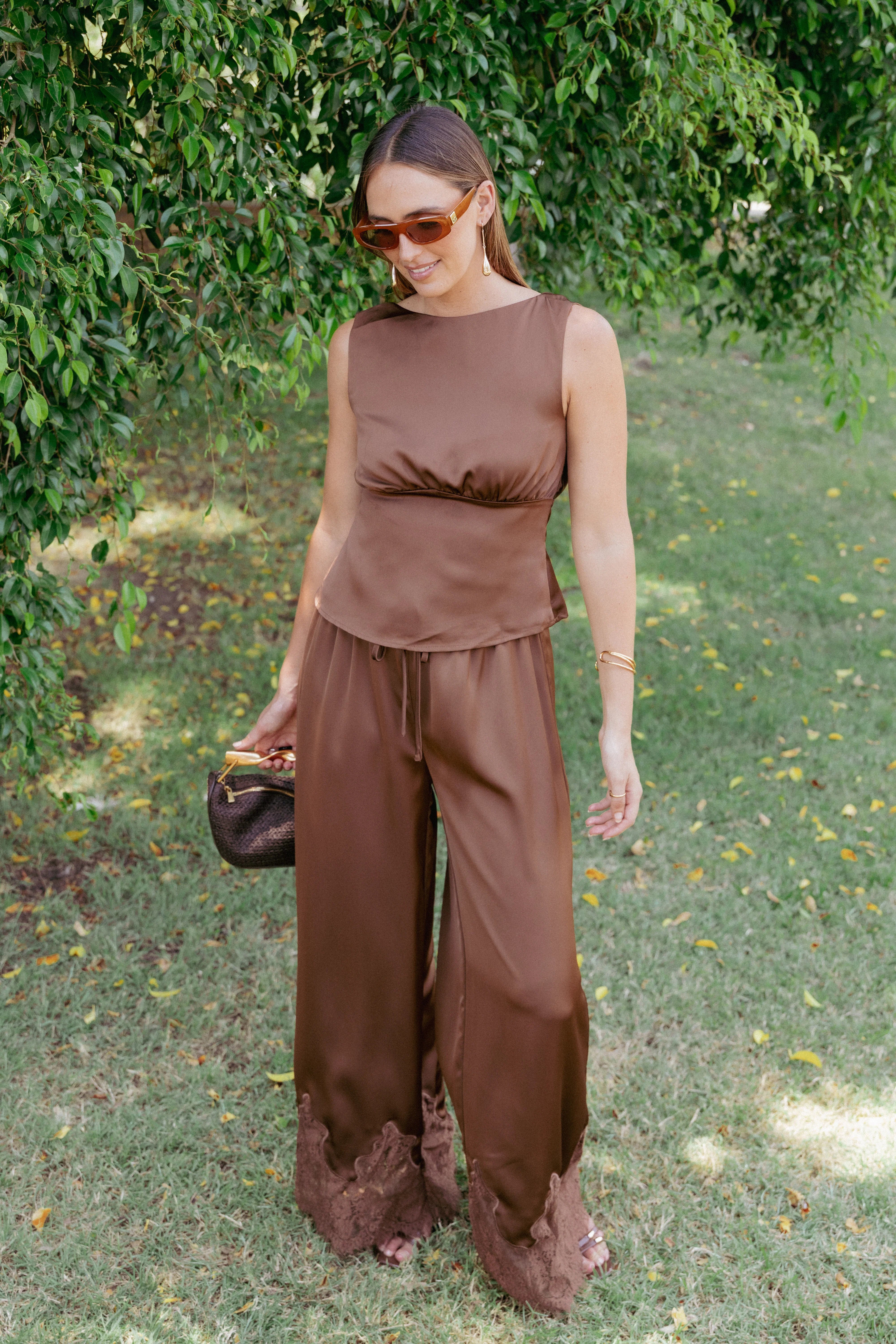 Viola Drawstring Wide Leg Pant Chocolate
