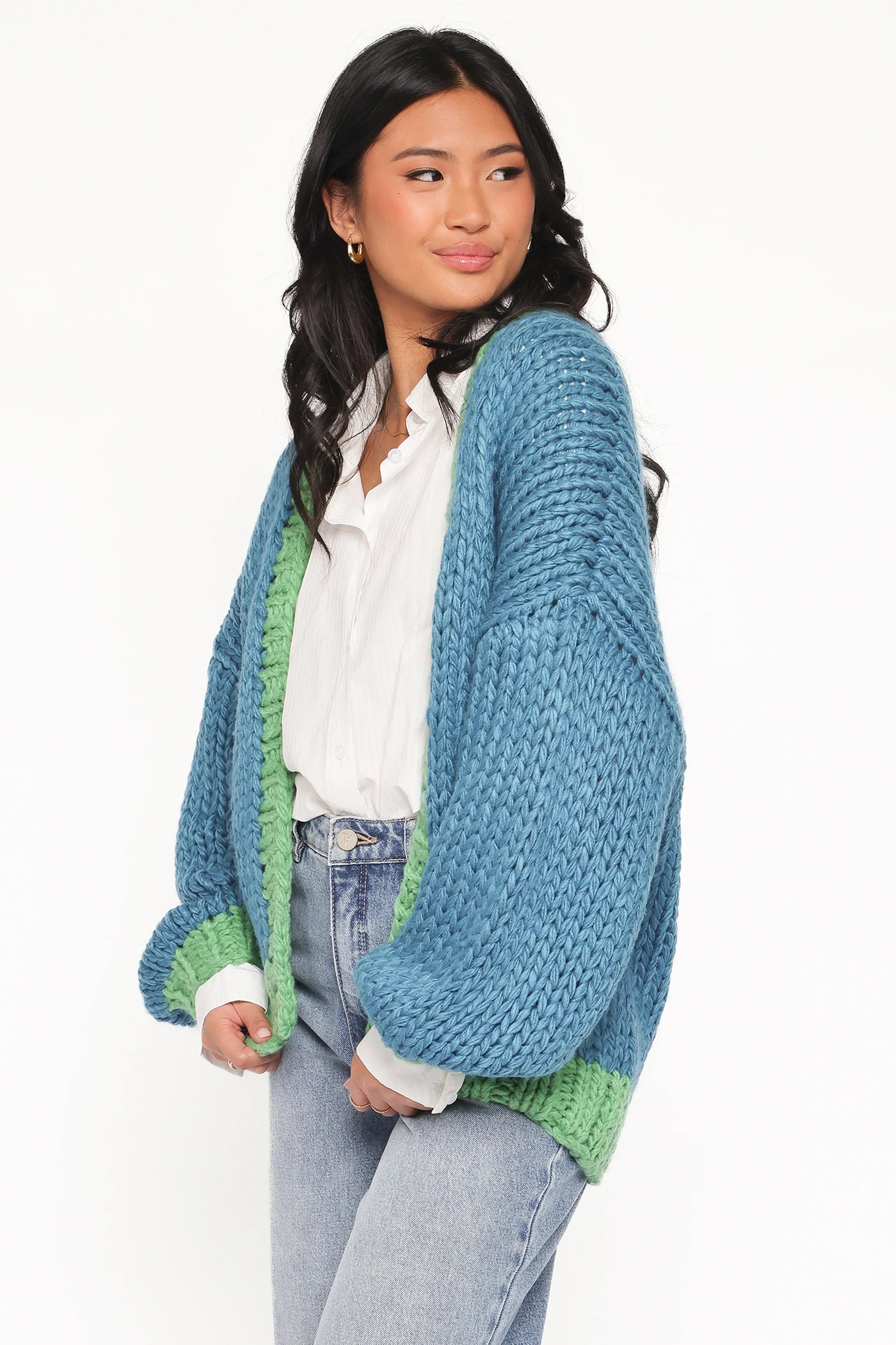 Anige Contrast Trim Cardigan Blue Green