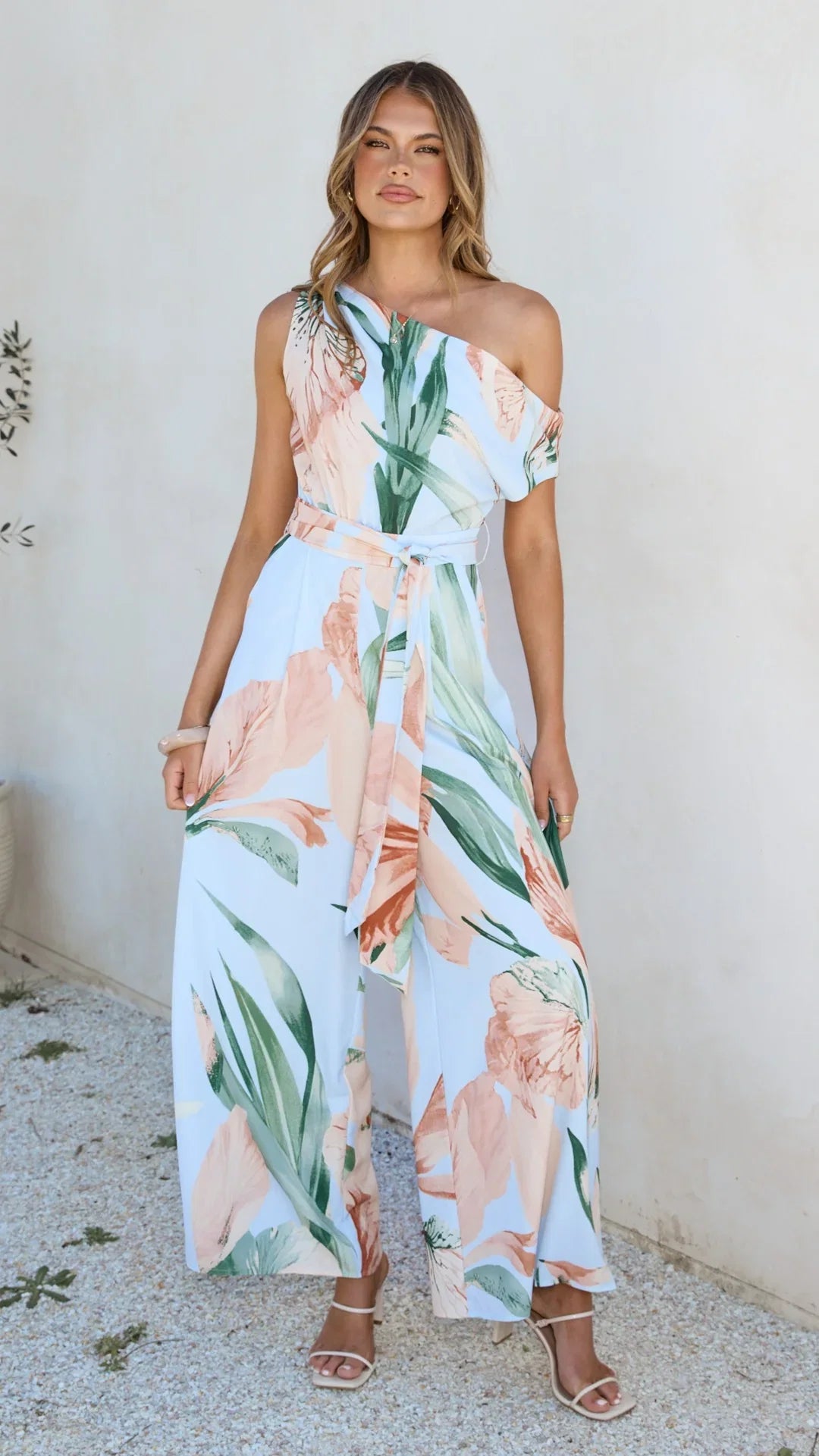 Oasis One Shoulder Jumpsuit Blue Peach Floral