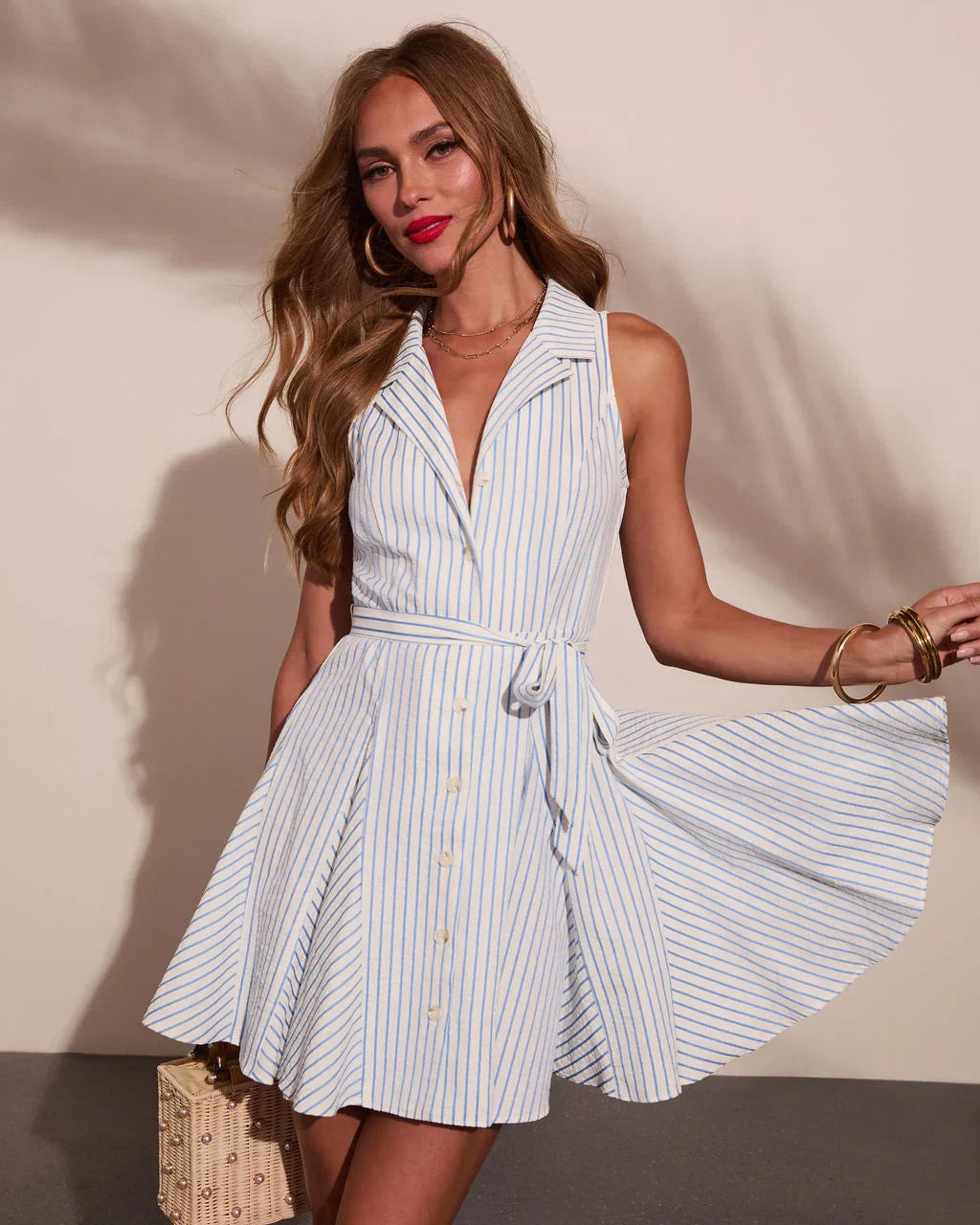 Sail Muse Striped Waist Tie Mini Shirt Dress