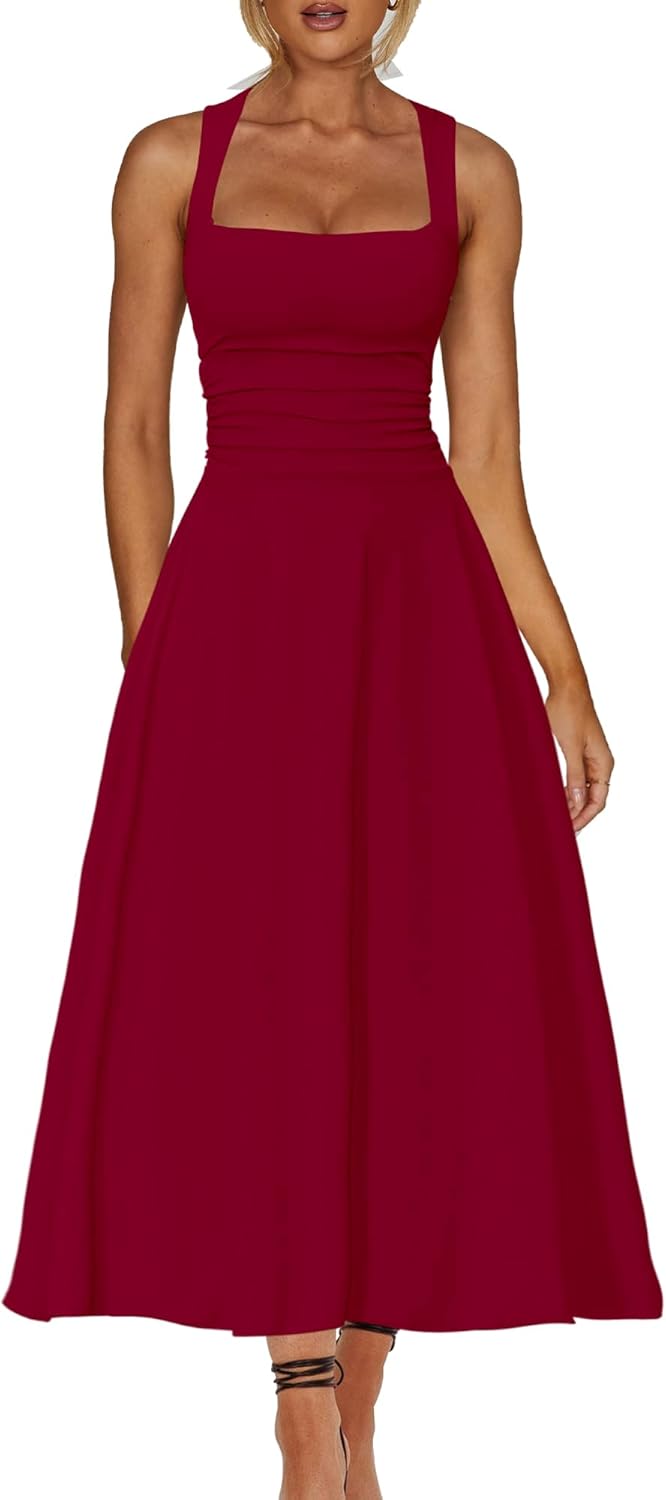 A Line Maxi Dress Ruffle Ruched Waist Flowy Long Dresses