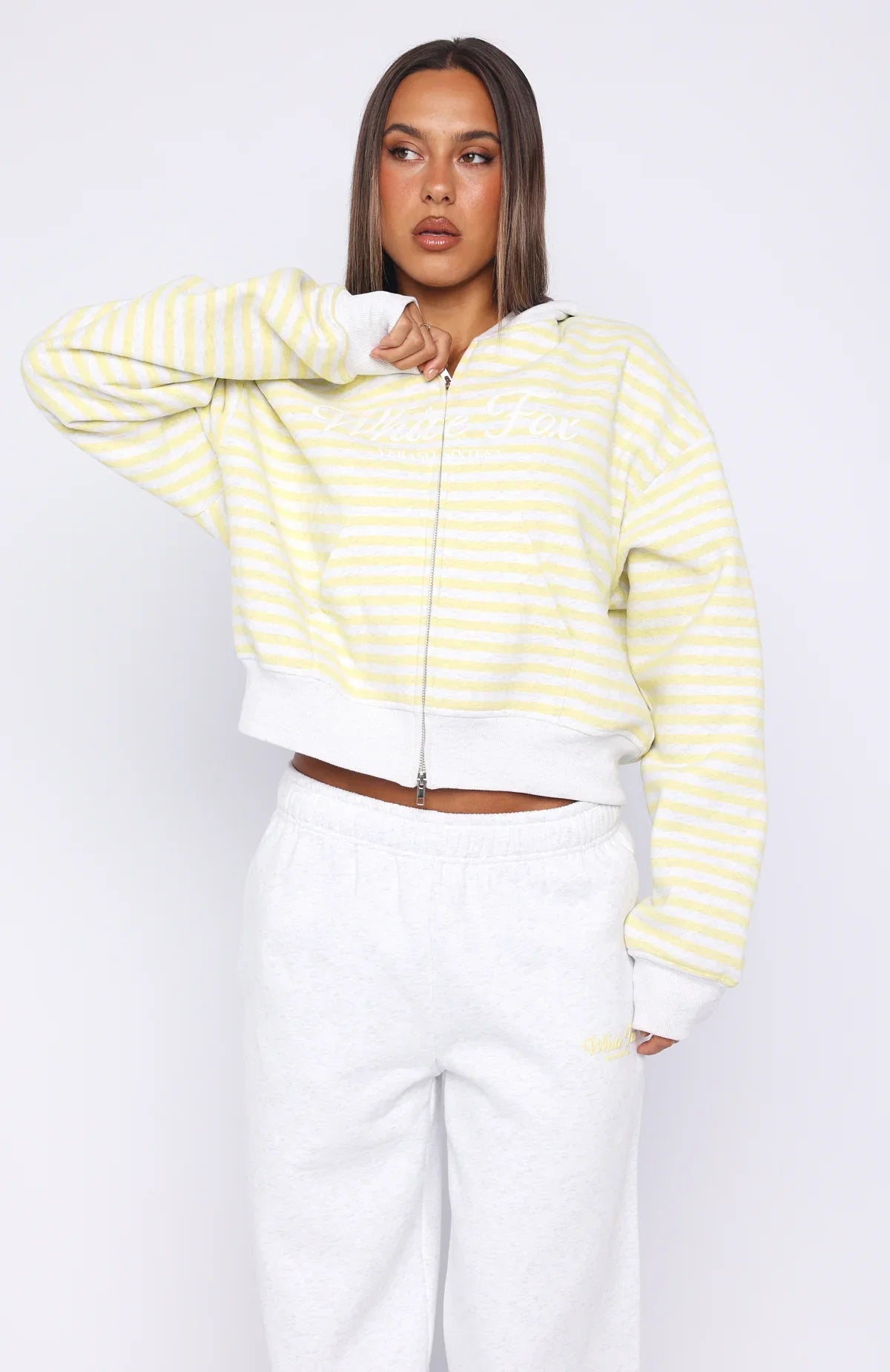 Verano Sixteen Maria Boxy Zip Front Hoodie Grey Marle Lemon Stripe