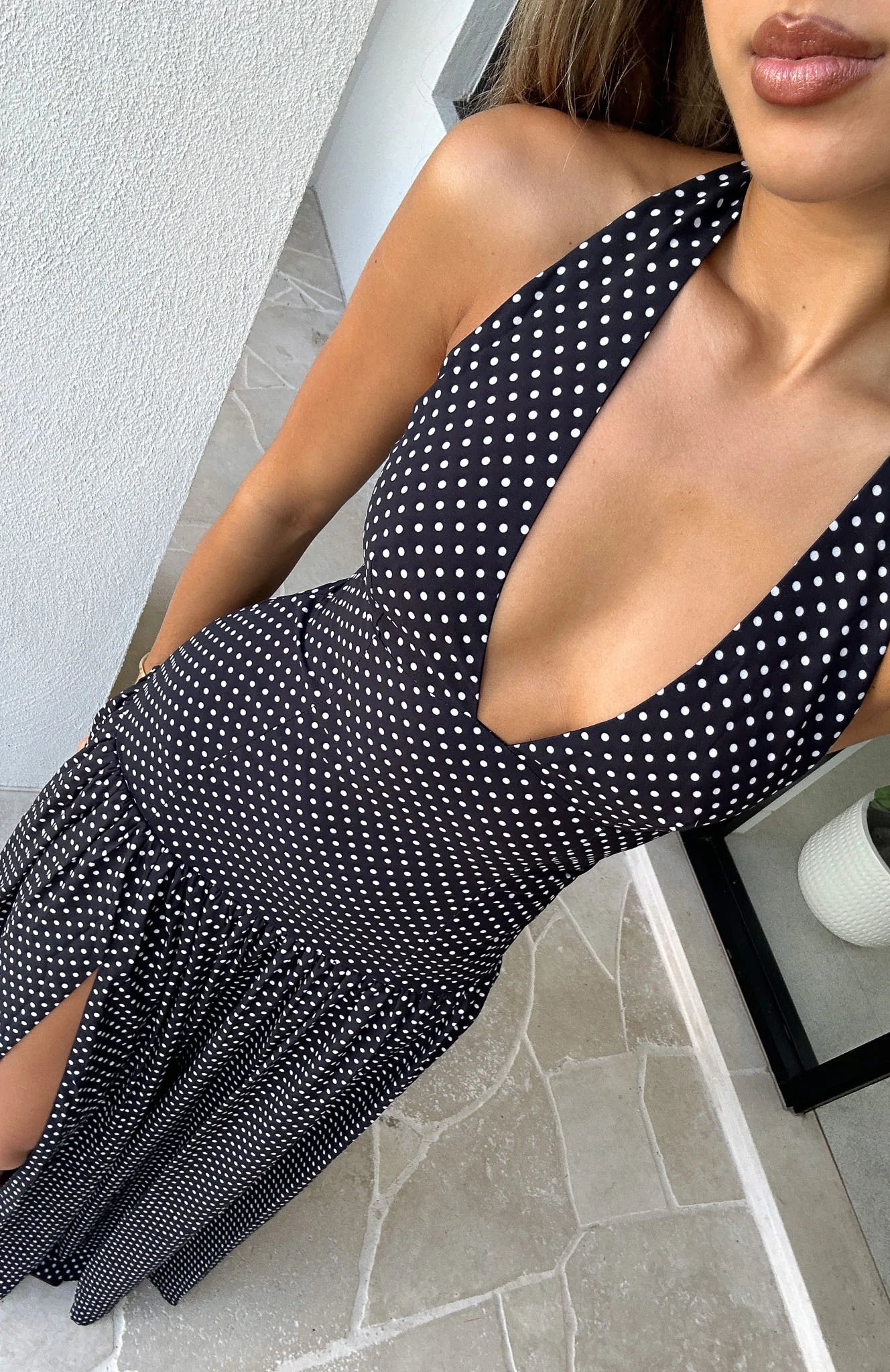 Sweet Temptation Halter Maxi Dress Black White Polka Dot
