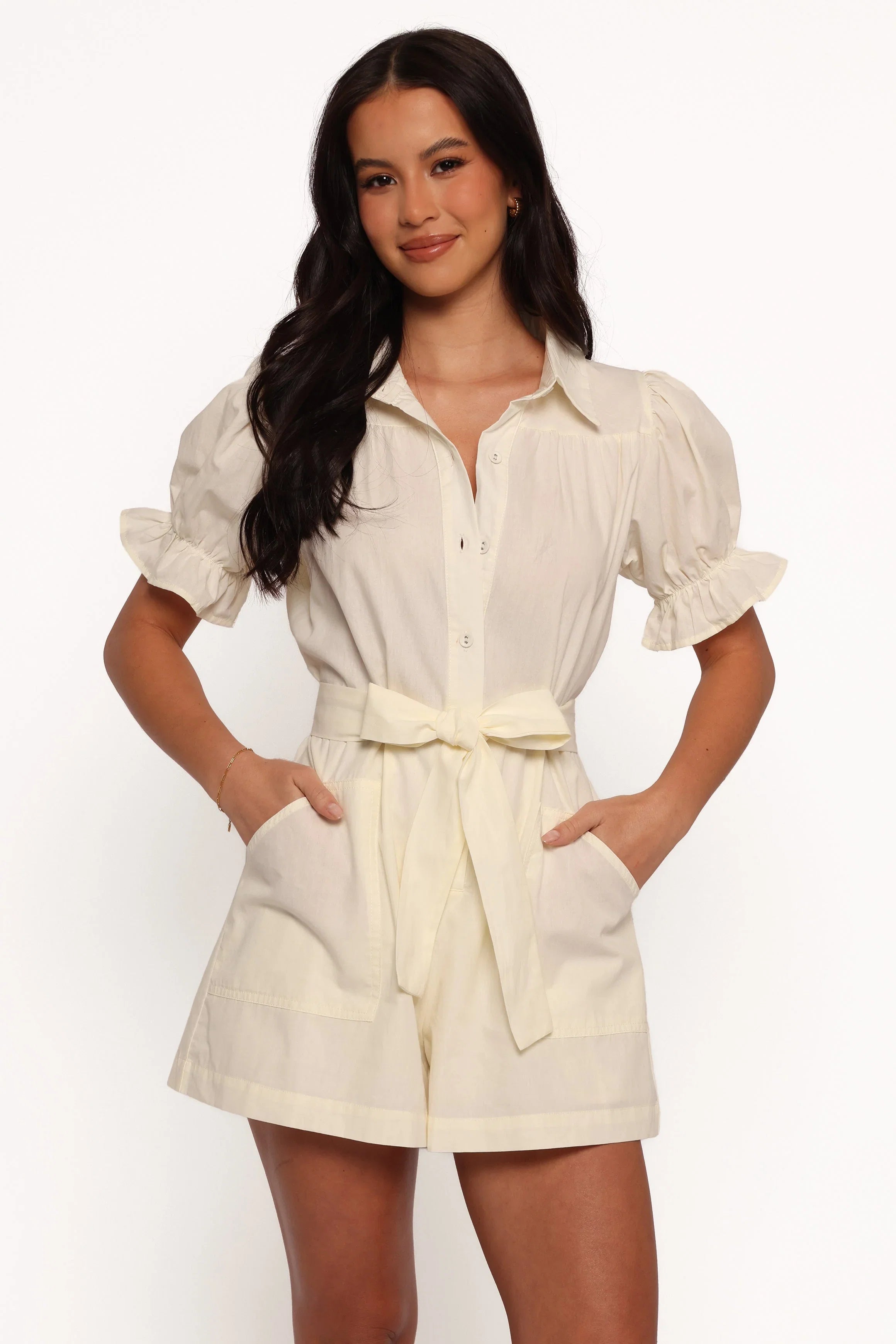Riley Waist Tie Romper Cream