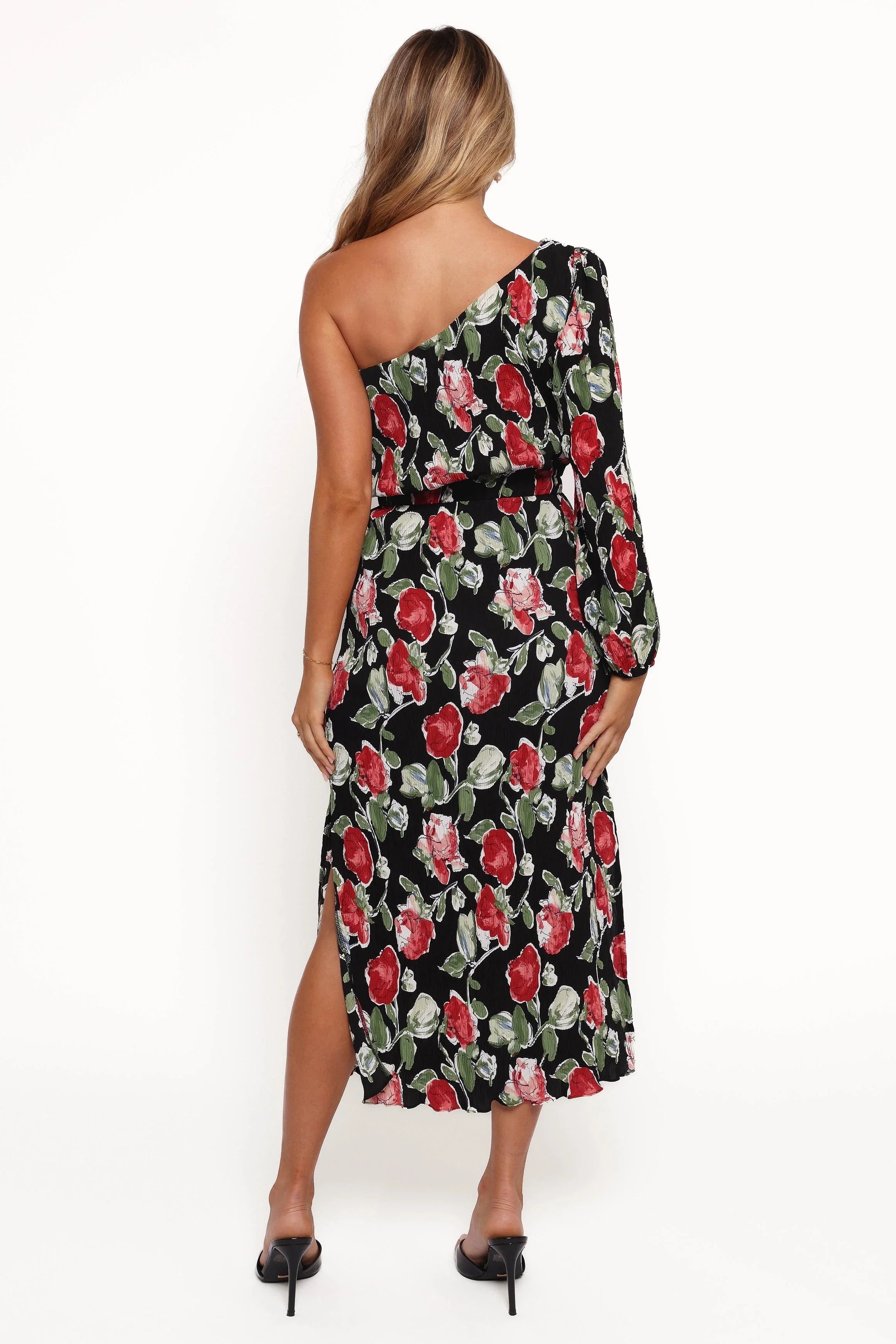 Pontee One Shoulder Pleated Midi Dress Black Rose Print