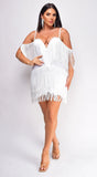 Julie Fringe Off The Shoulder Bandage Dress White