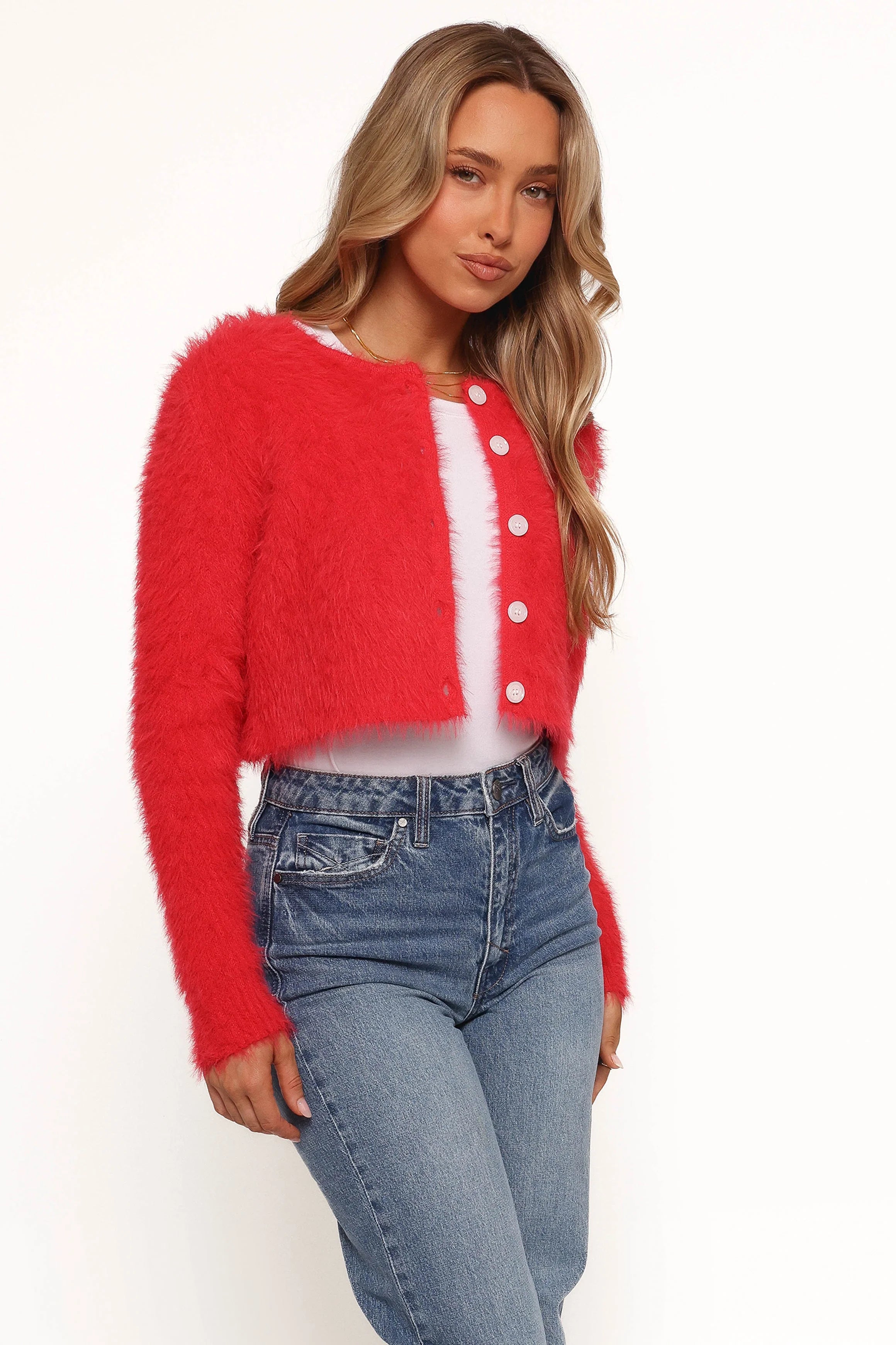 Tavan Crop Button Front Cardigan Red