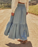 Prairie Rebel Frayed High Low Denim Maxi Skirt