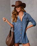 Garis Denim Mini Shirt Dress